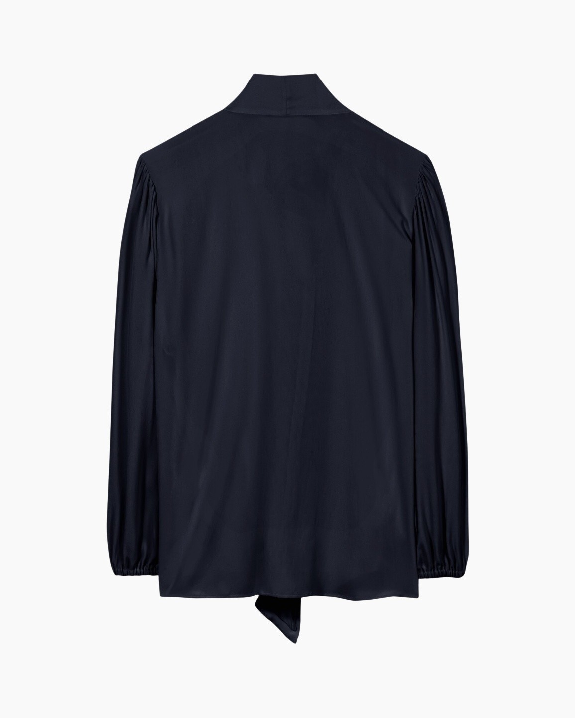 blouse, navy, long sleeves, ruffled shoulder, tie-back