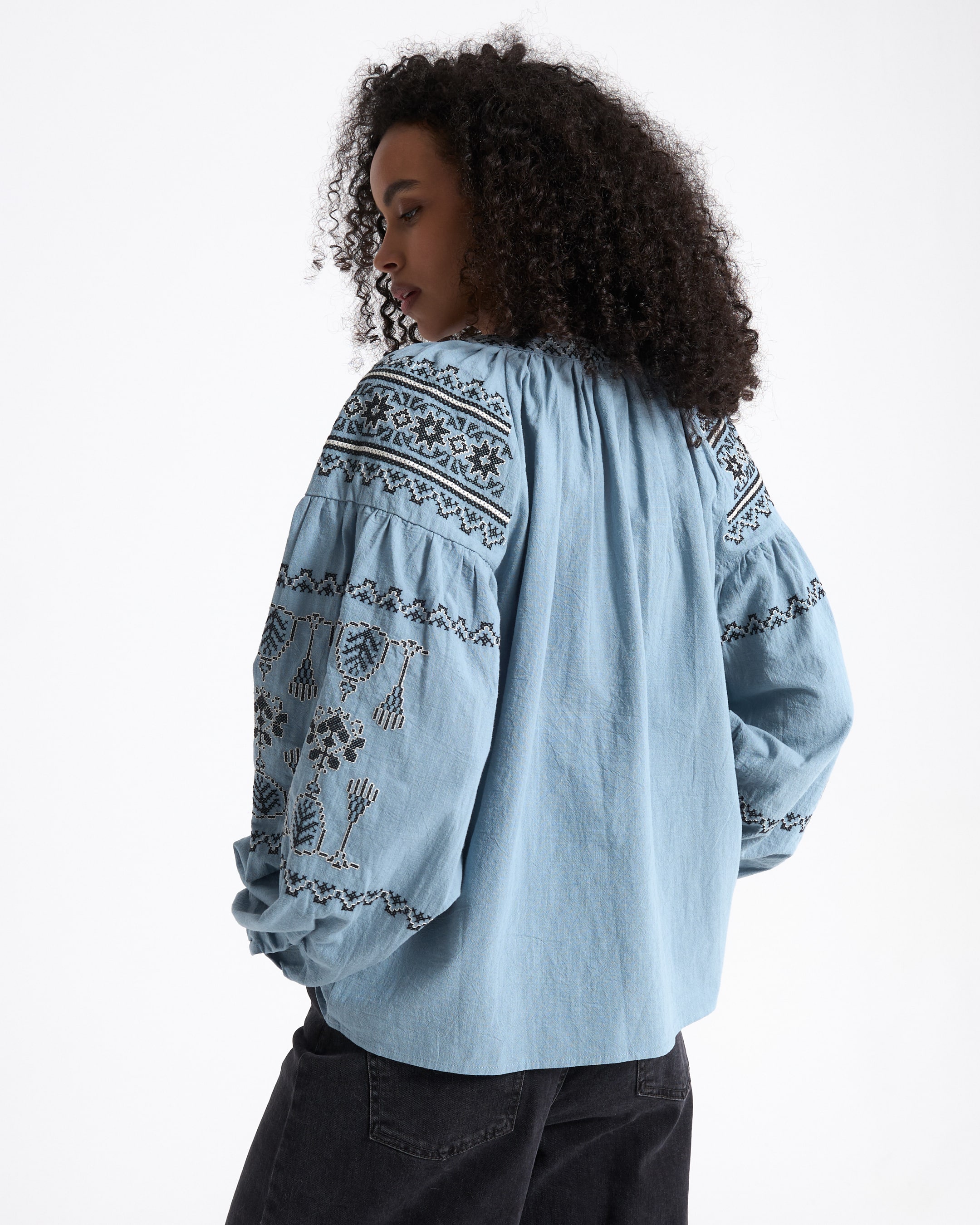 embroidered blouse, boho top, light blue, puff sleeves, graphic embroidery