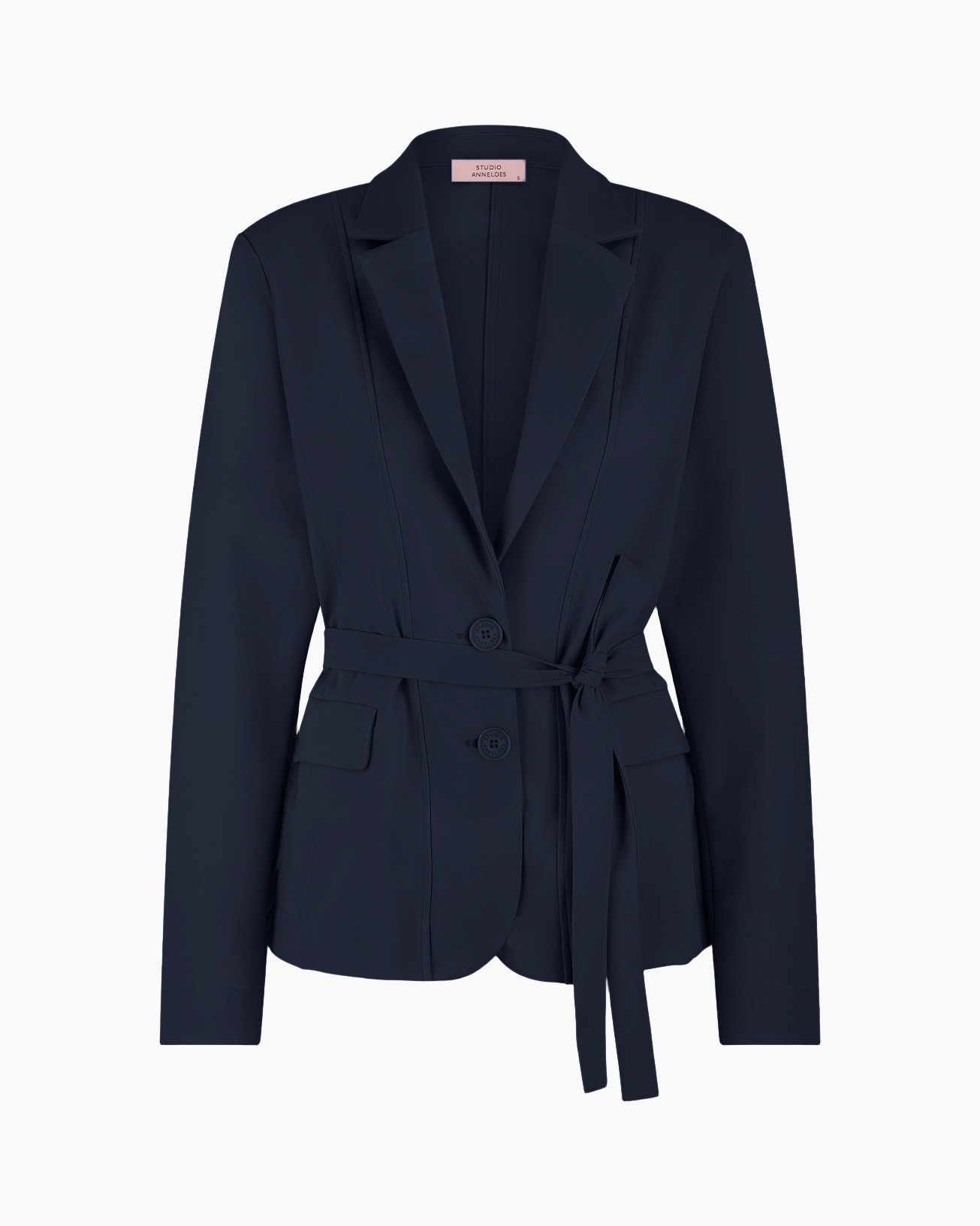 blazer, navy, belted,  Structured blazer, double breasted