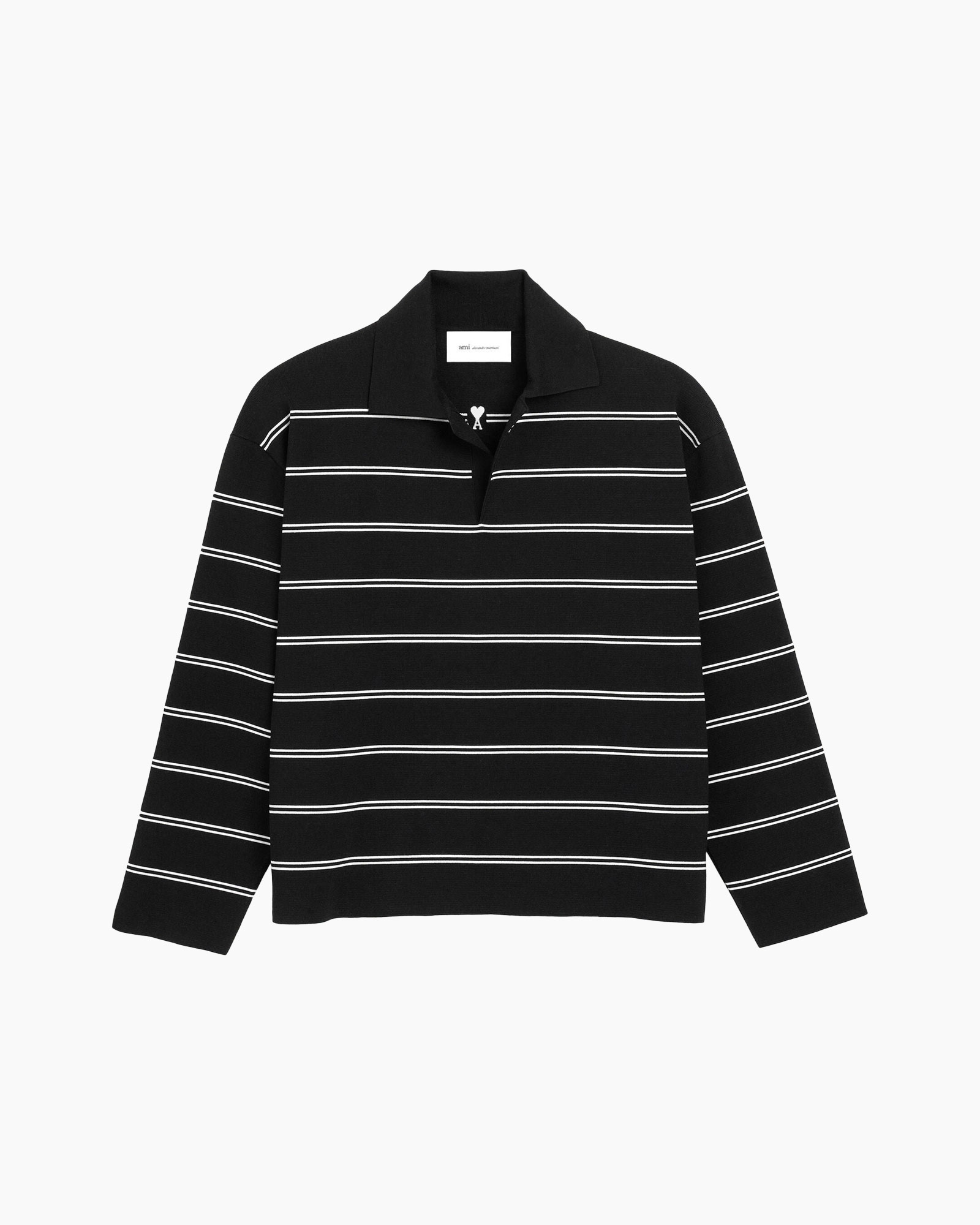 polo shirt, striped polo, long sleeve, black, white stripes
