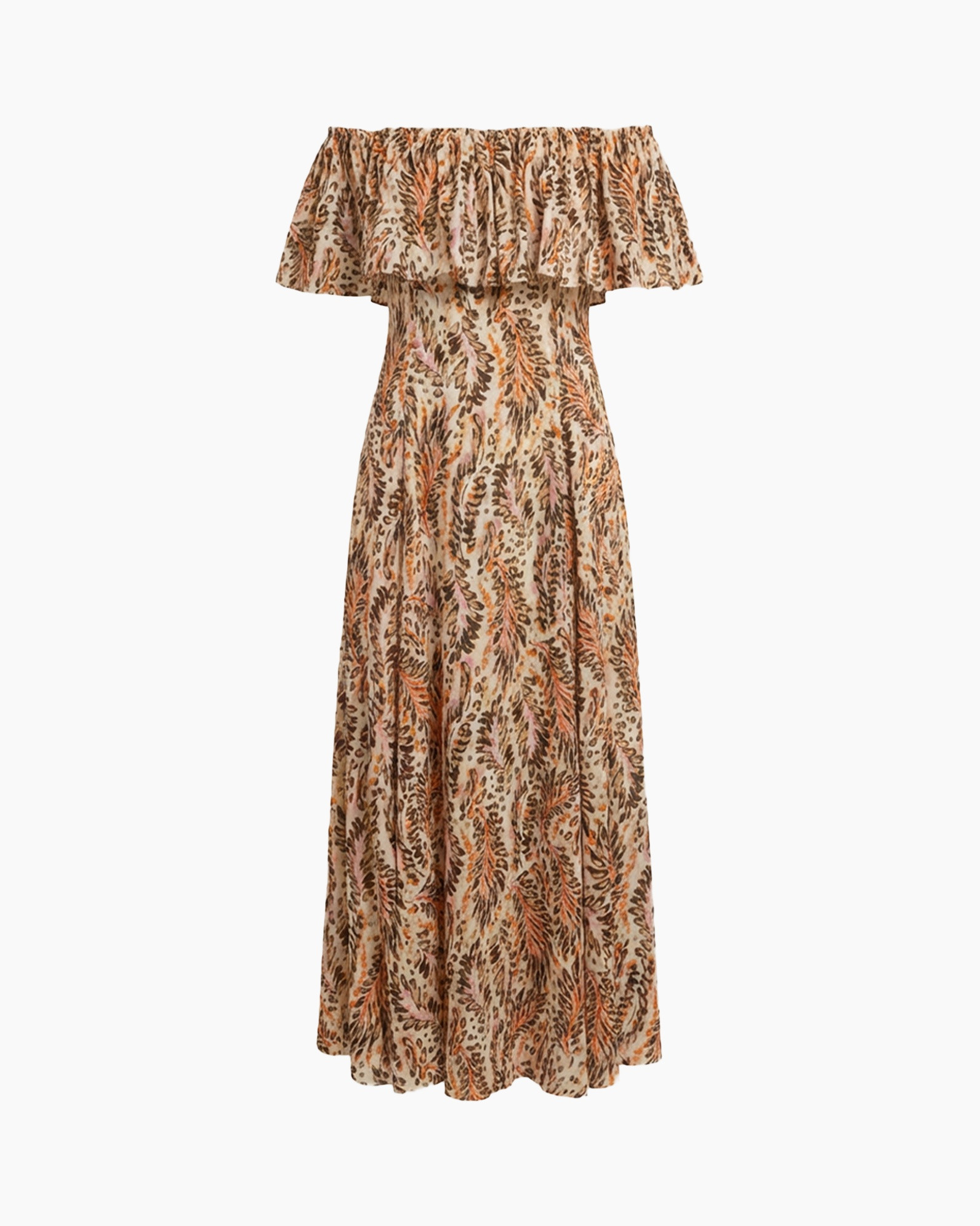 dress, maxi, off-shoulder, patterned, leaf-print