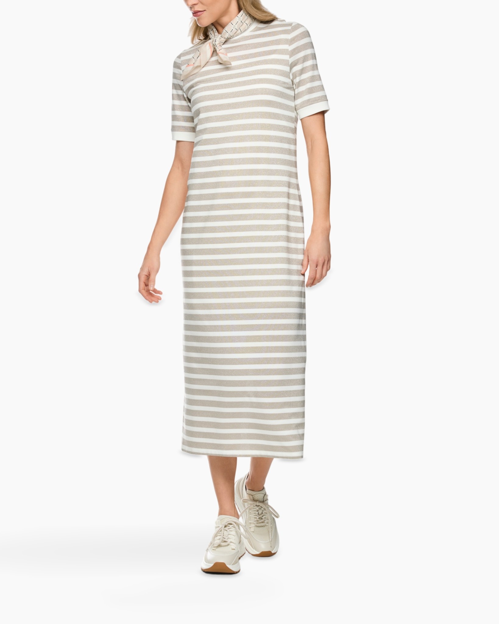 striped dress, midi dress, shirt dress, knit dress, beige stripes