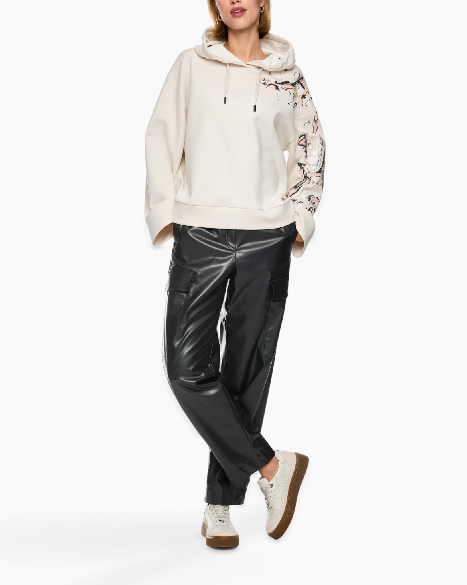 hoodie, sweatshirt, print sleeve, beige, loose fit