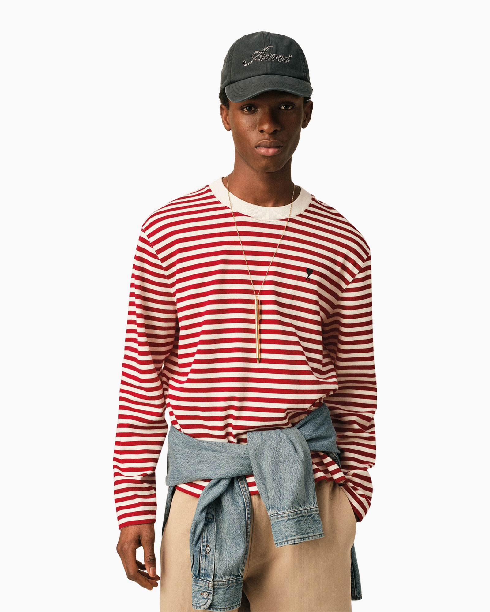 striped shirt, long sleeve, knit top, red and white, casual wear