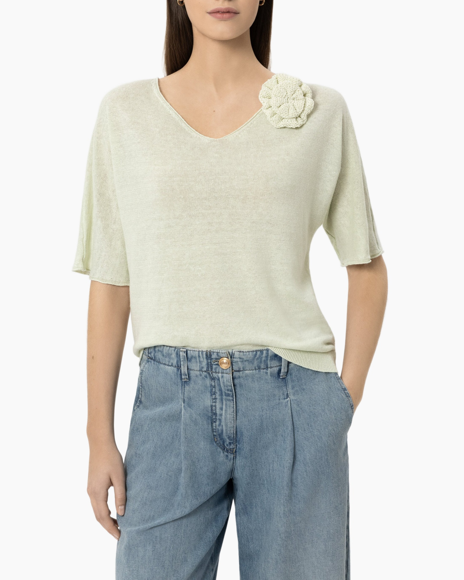 knit top, v-neck, short sleeve, flower applique, light green
