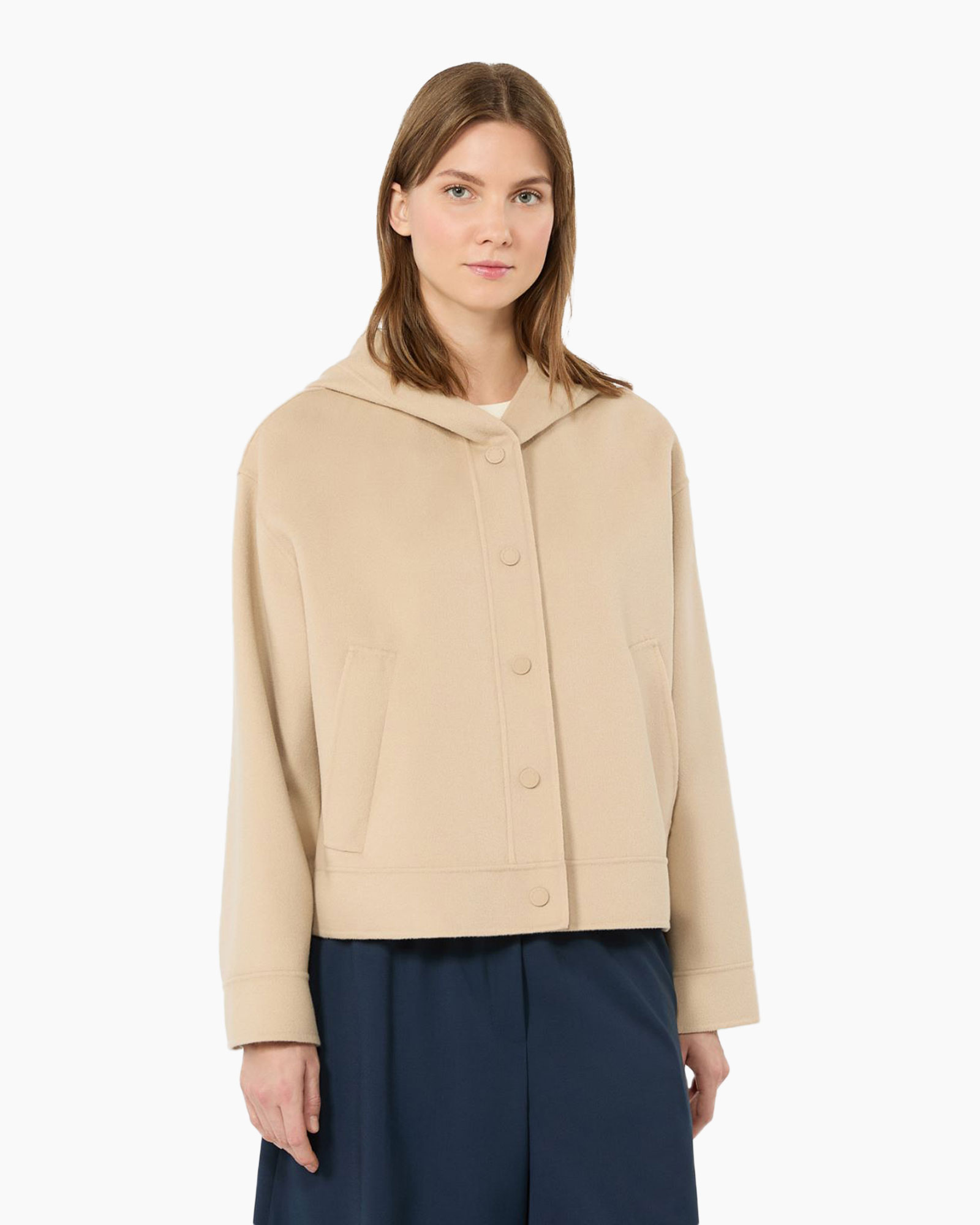 beige jacket, hooded jacket, button front, pocketed, cotton blend