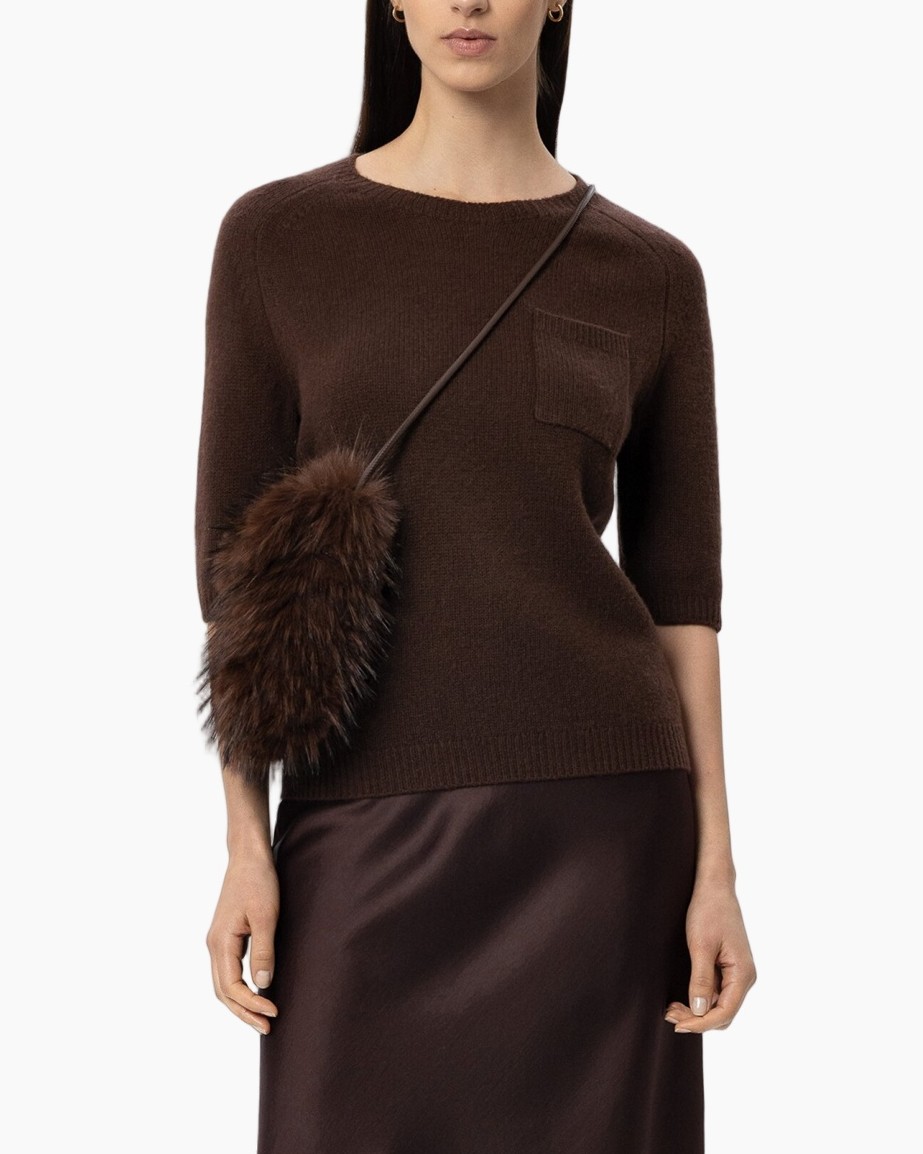 brown sweater, knit top, short sleeve, pocket, crossbody bag with fur