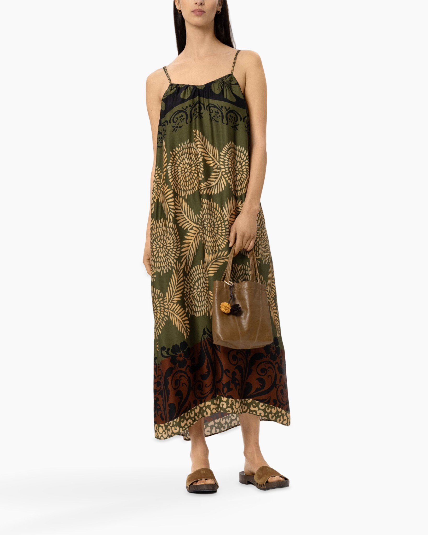 maxi dress, spiral floral, strap shoulder, olive green, brown border