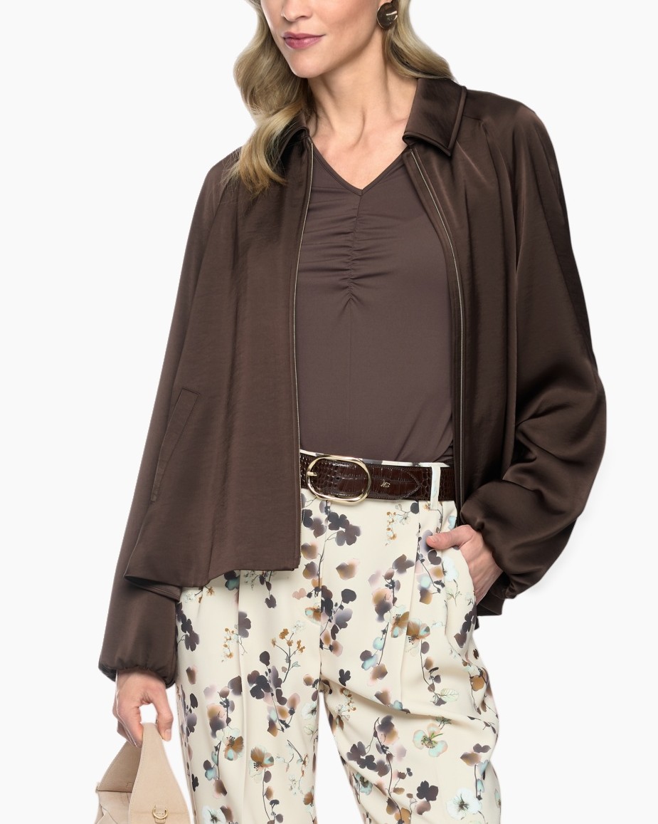 brown jacket, v-neck top, long sleeve, slouchy jacket, floral pants