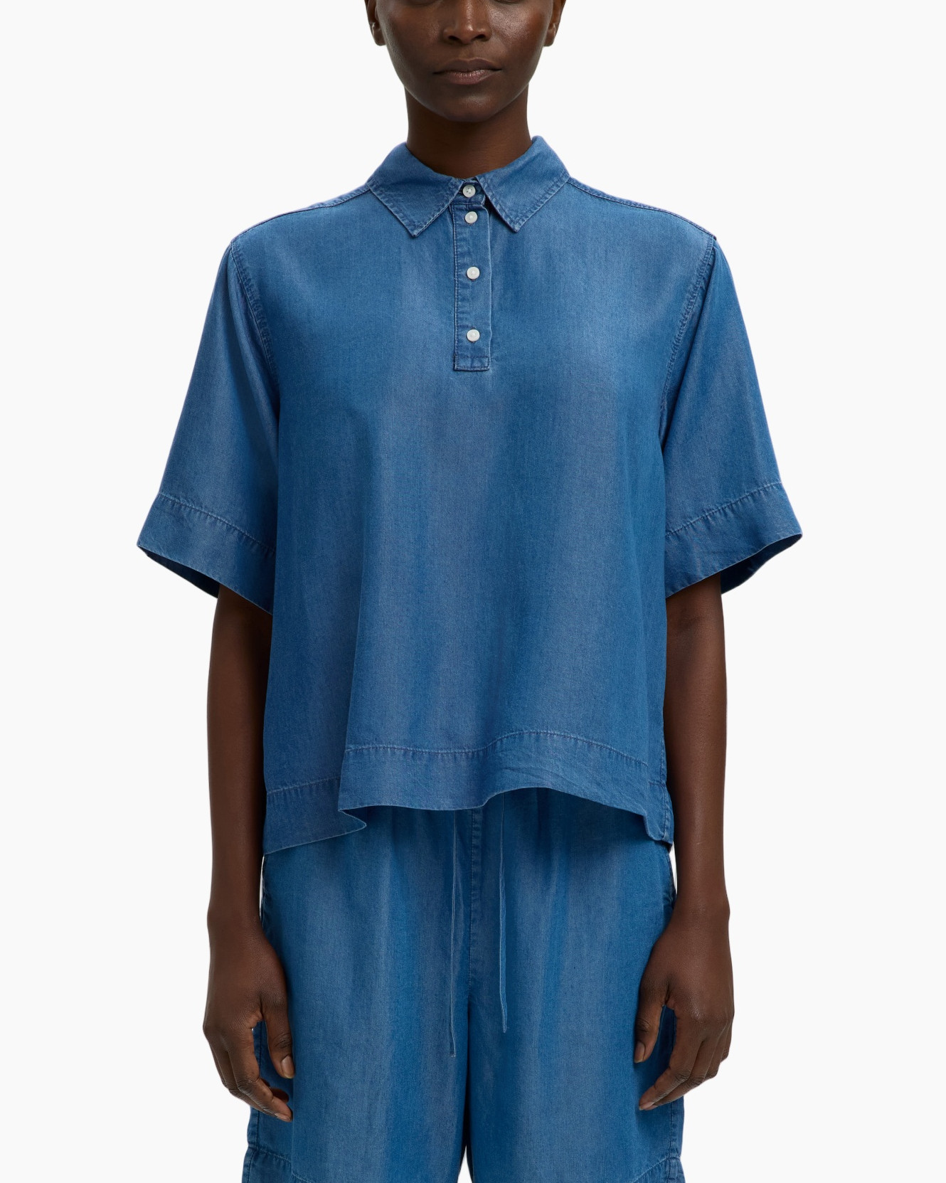 denim, shirt, short-sleeve, collar, button-up