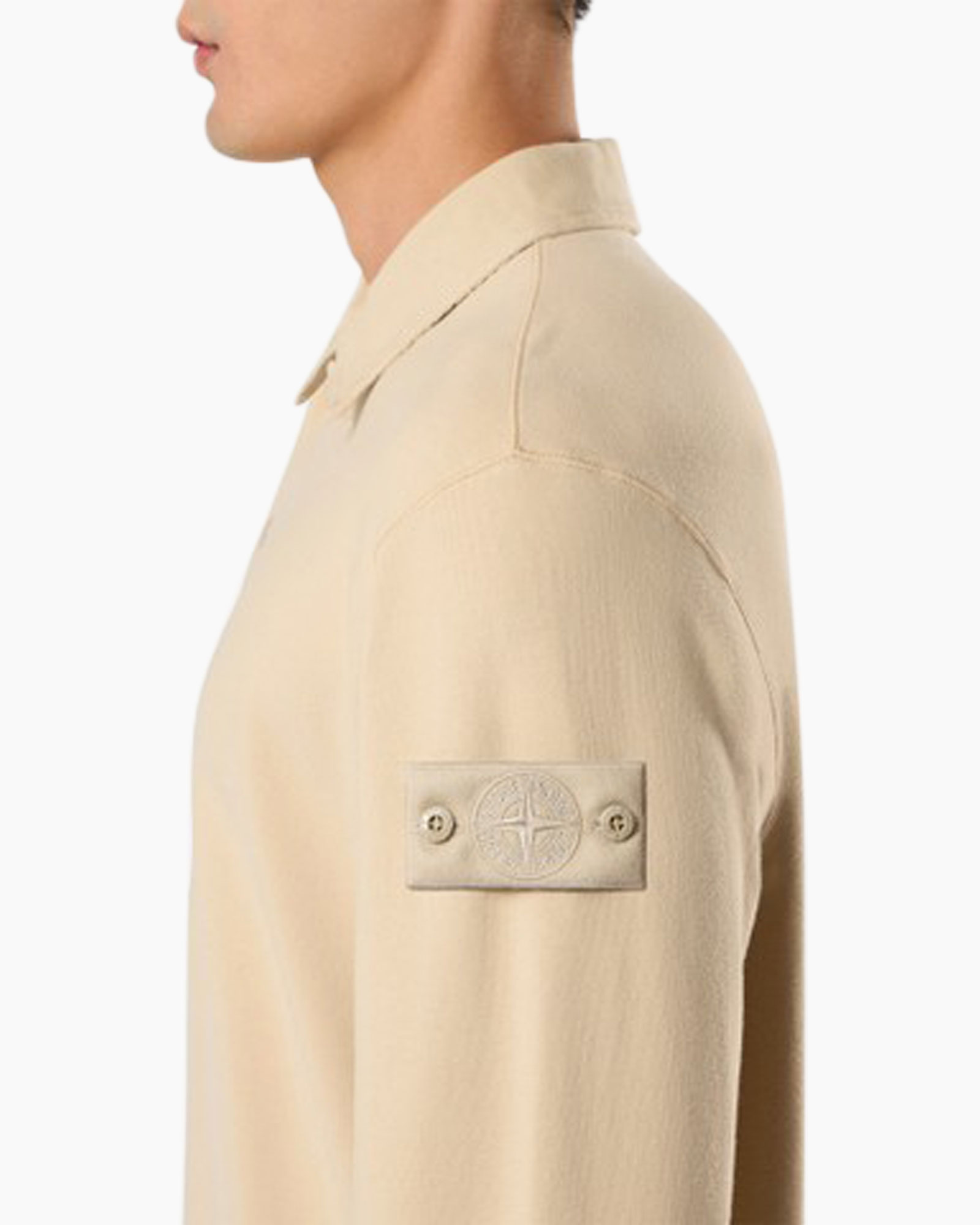 beige, long-sleeve, collared, patch, placket