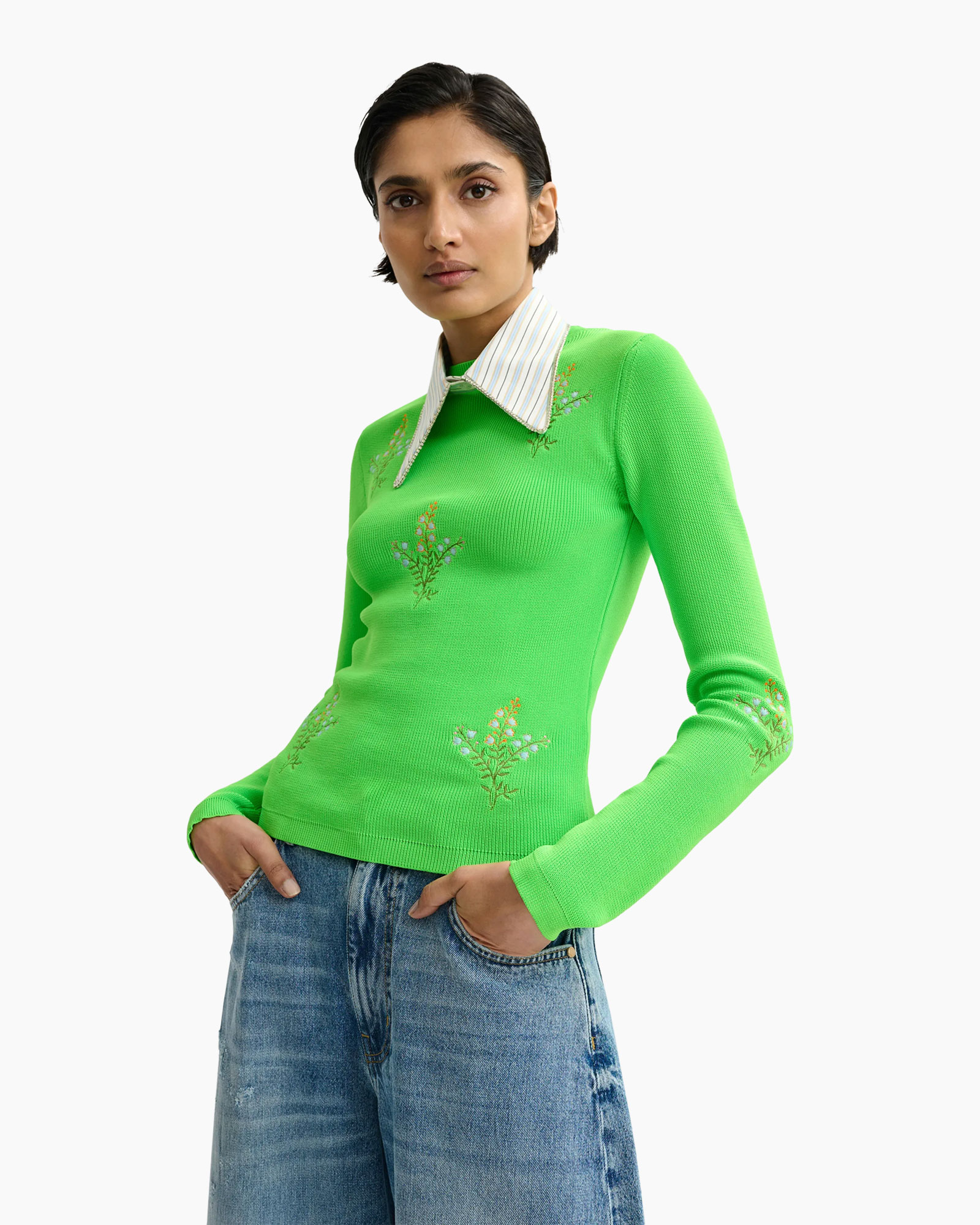 green sweater, embroidery, collared top, ribbed knit, long sleeve
