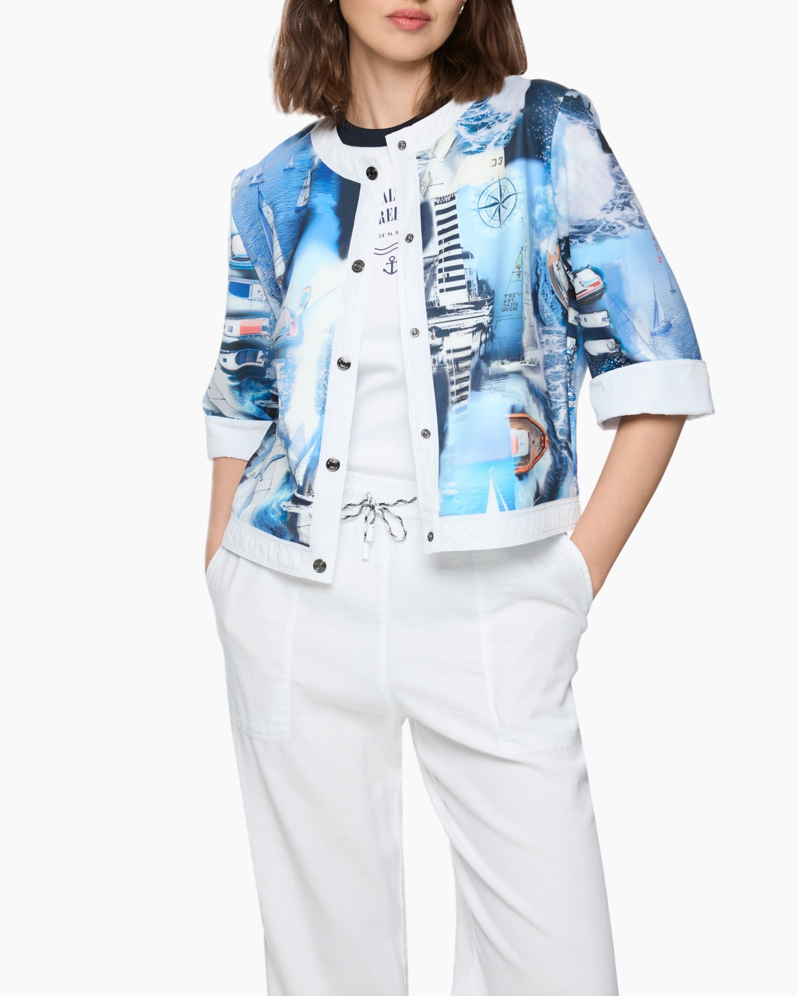jacket, abstract print, blue, white, casual