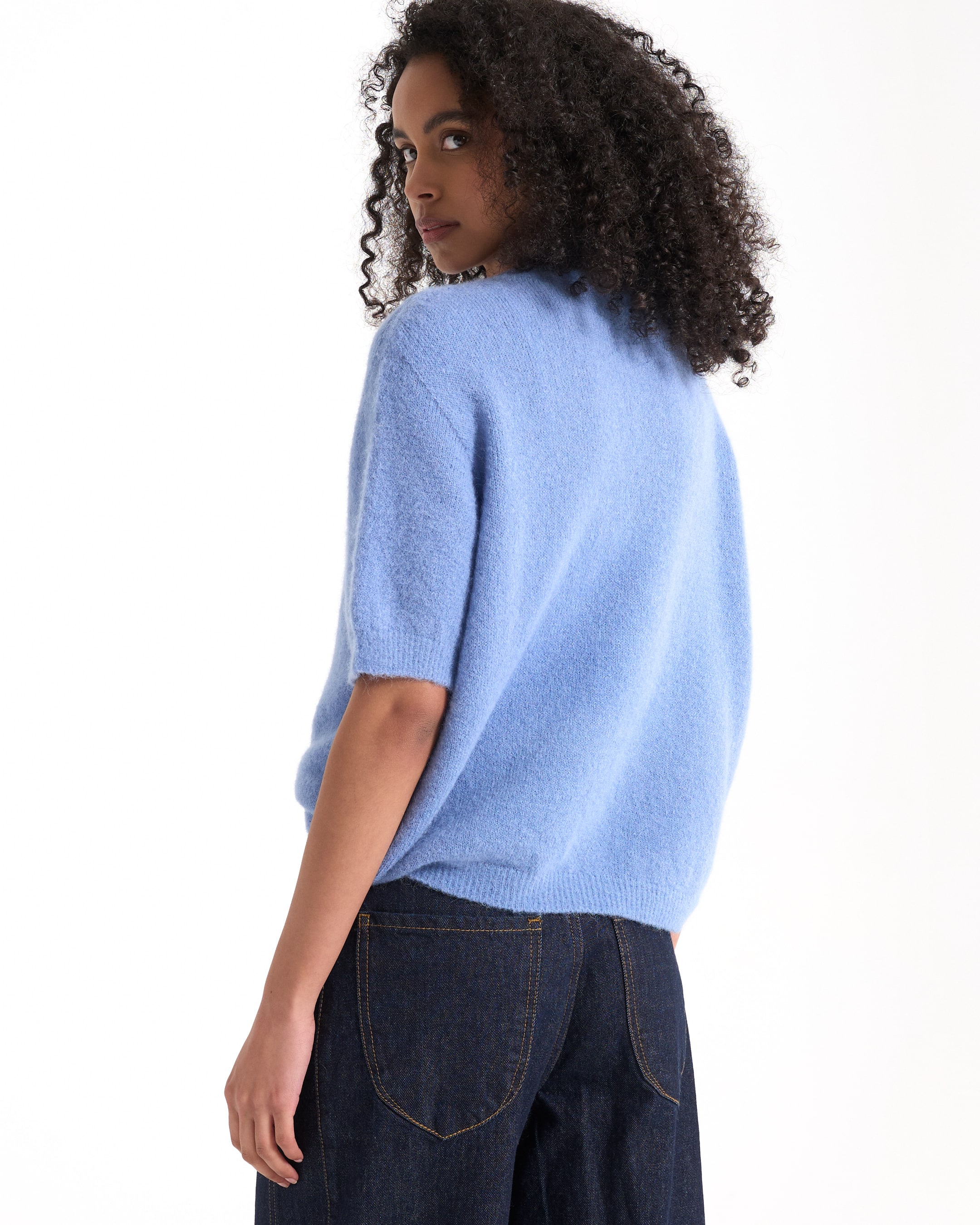 cardigan, short sleeve, blue, knit, jumper