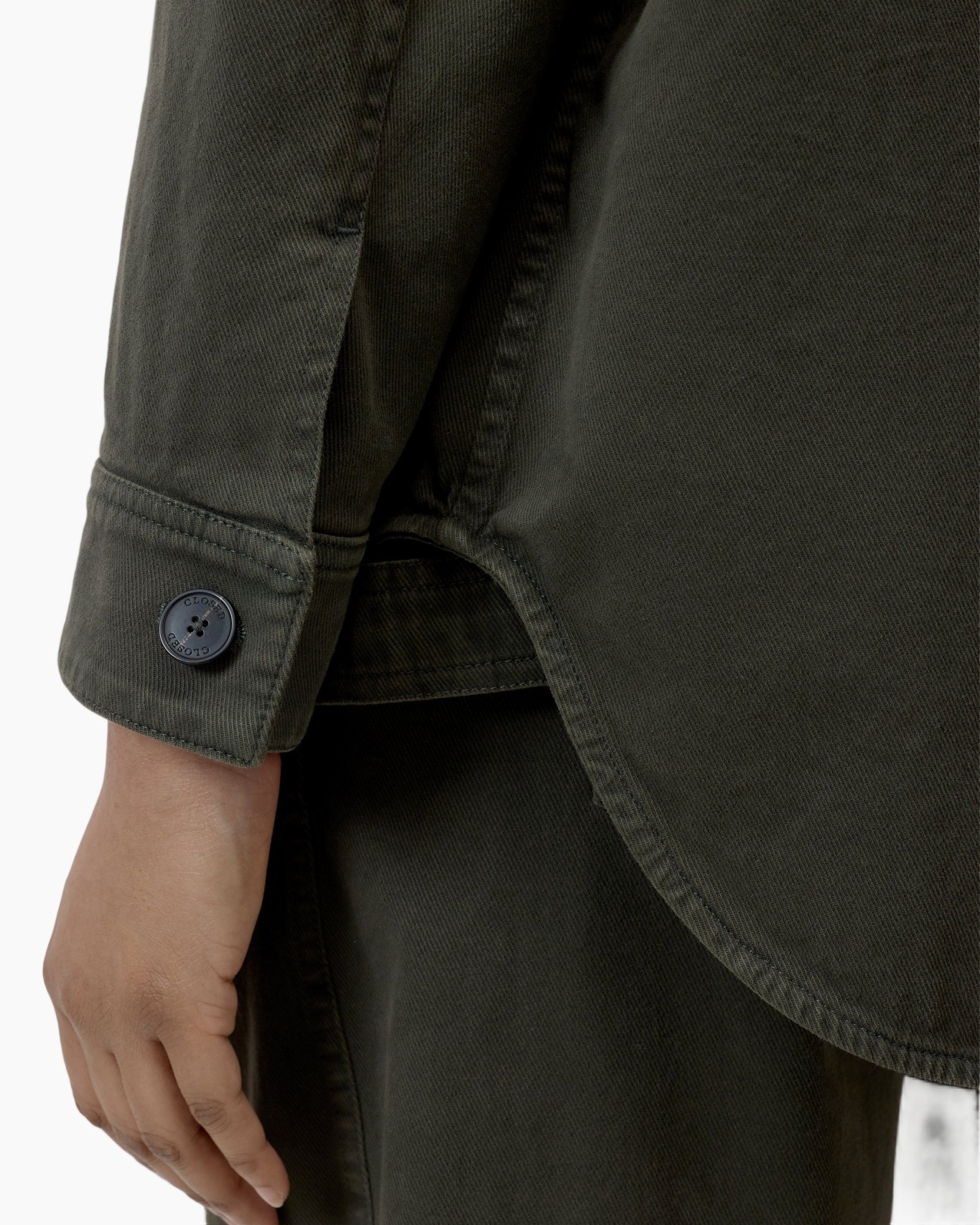 jacket sleeve, button, dark green, canvas fabric, casual wear