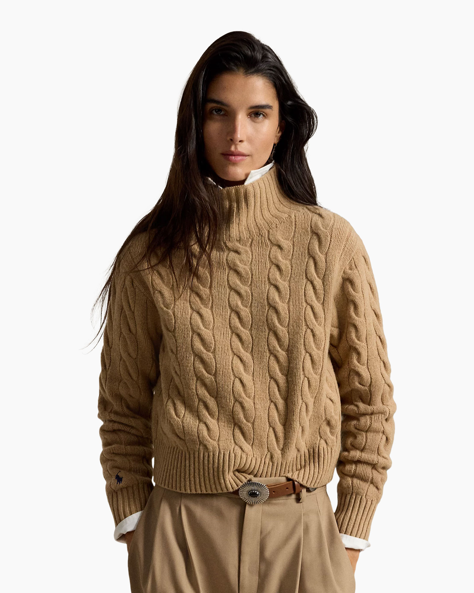 sweater,  cable knit, tan, turtleneck, belts and layers