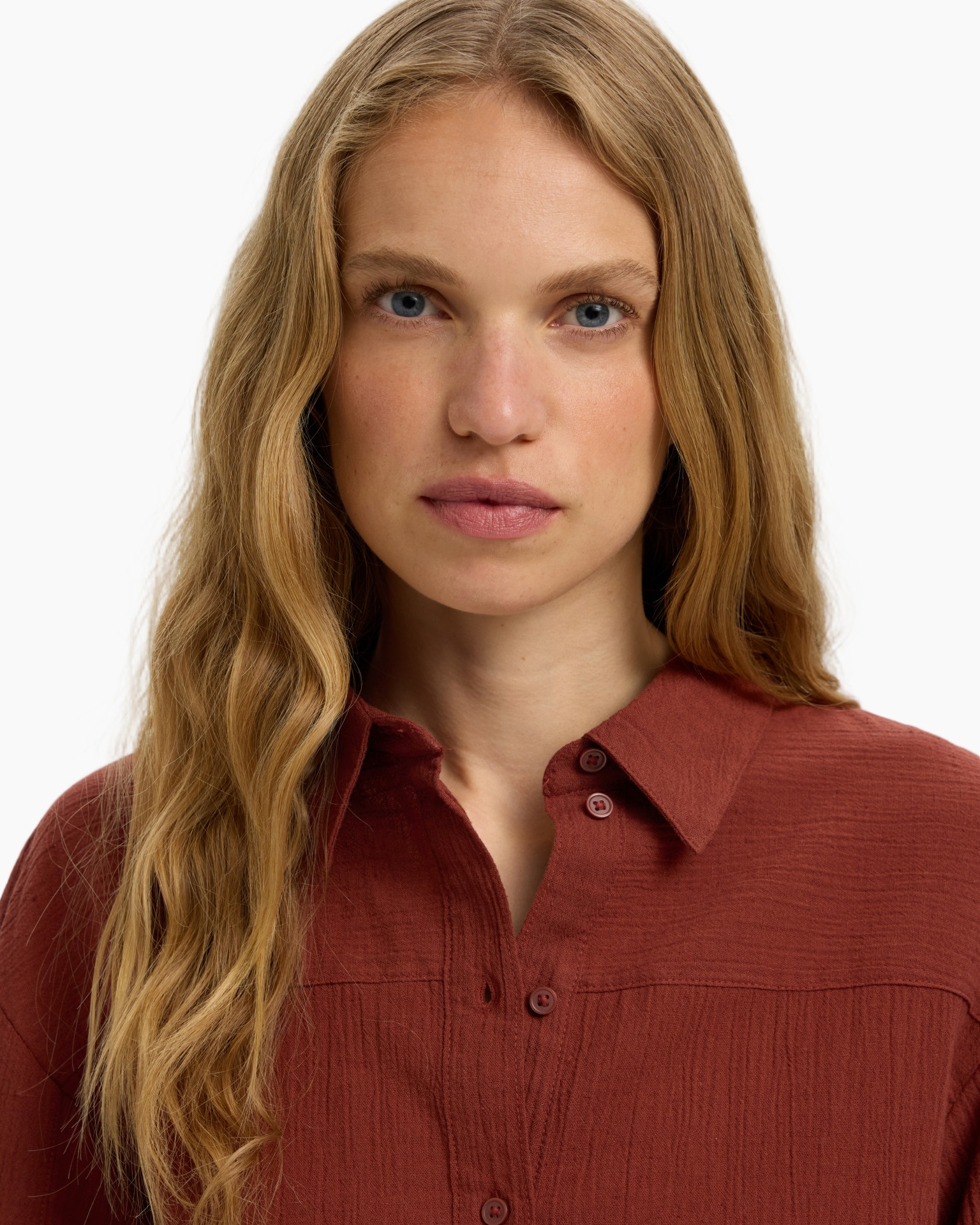 shirt, blouse, button-down, linen, rust-red