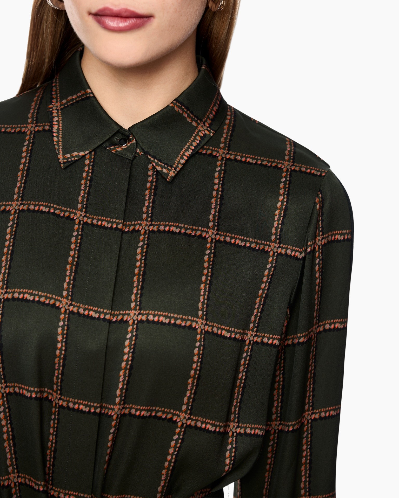 blouse, grid pattern, buttoned, collared, long sleeve