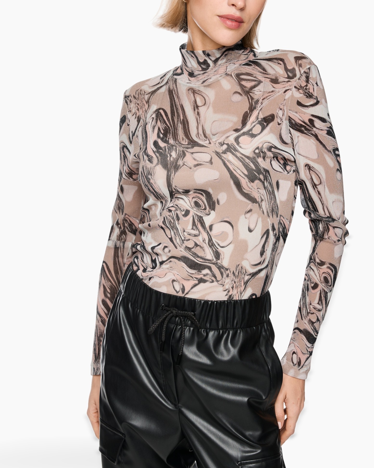 turtleneck, mesh top, abstract pattern, long sleeve, sheer fabric