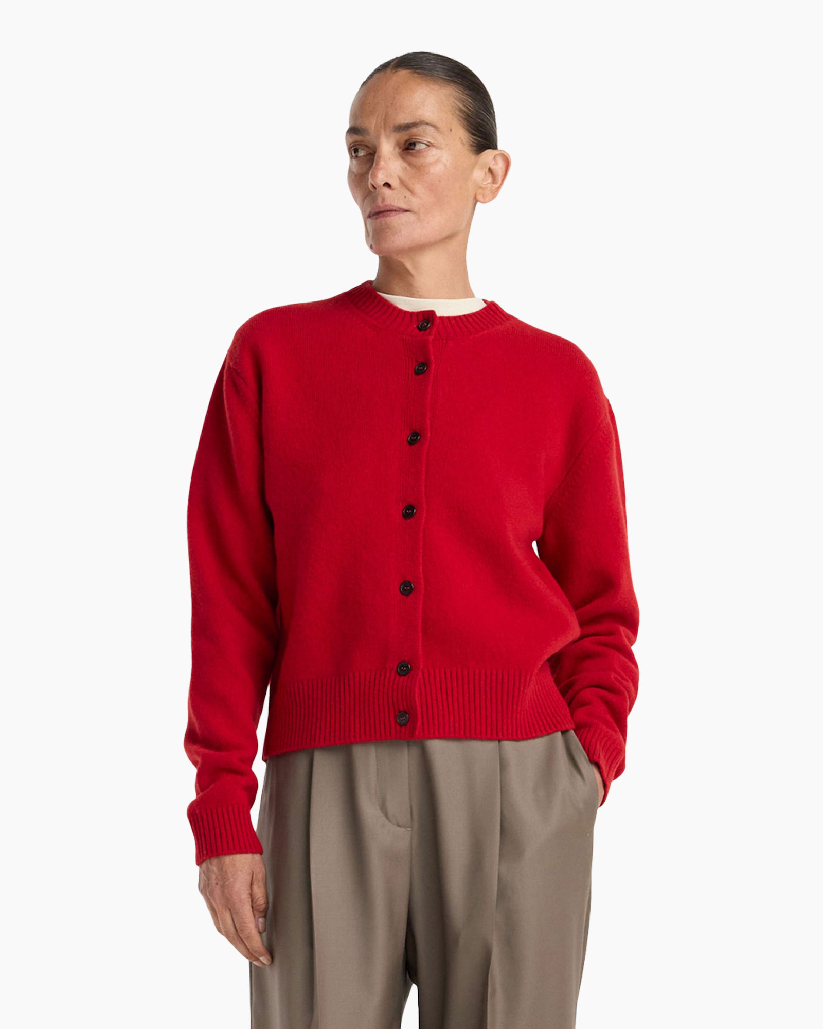 cardigan, red, button-up, ribbed hem, long-sleeve