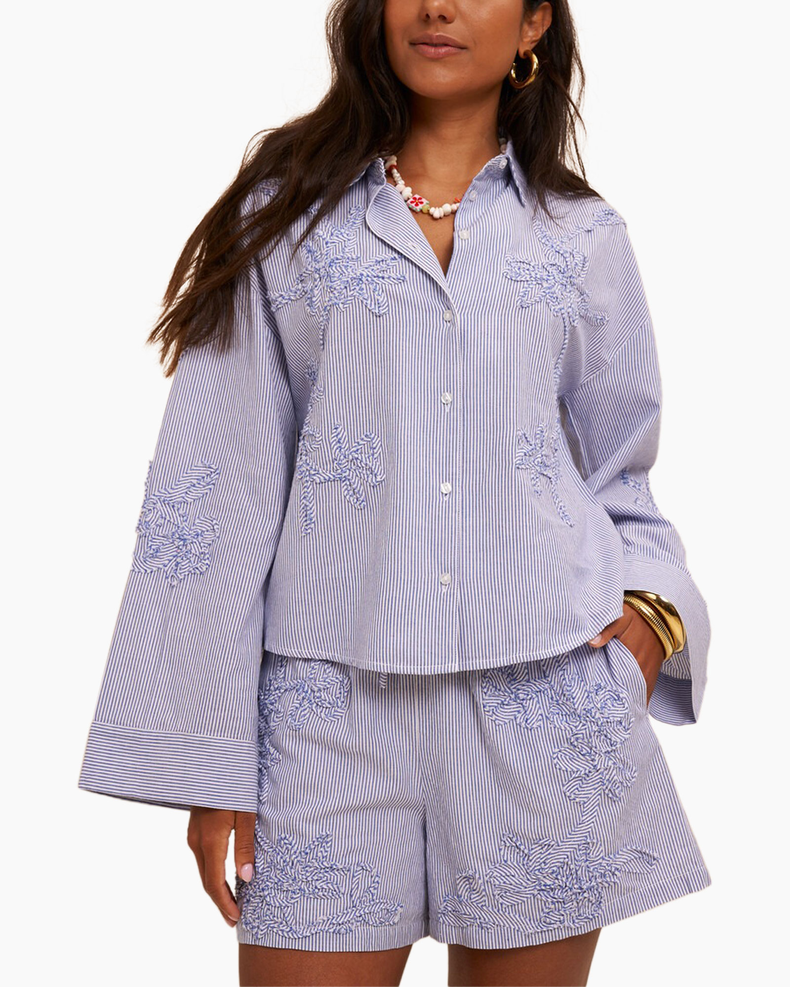 striped shirt, embroidered, long sleeve, shorts set, blue lavender