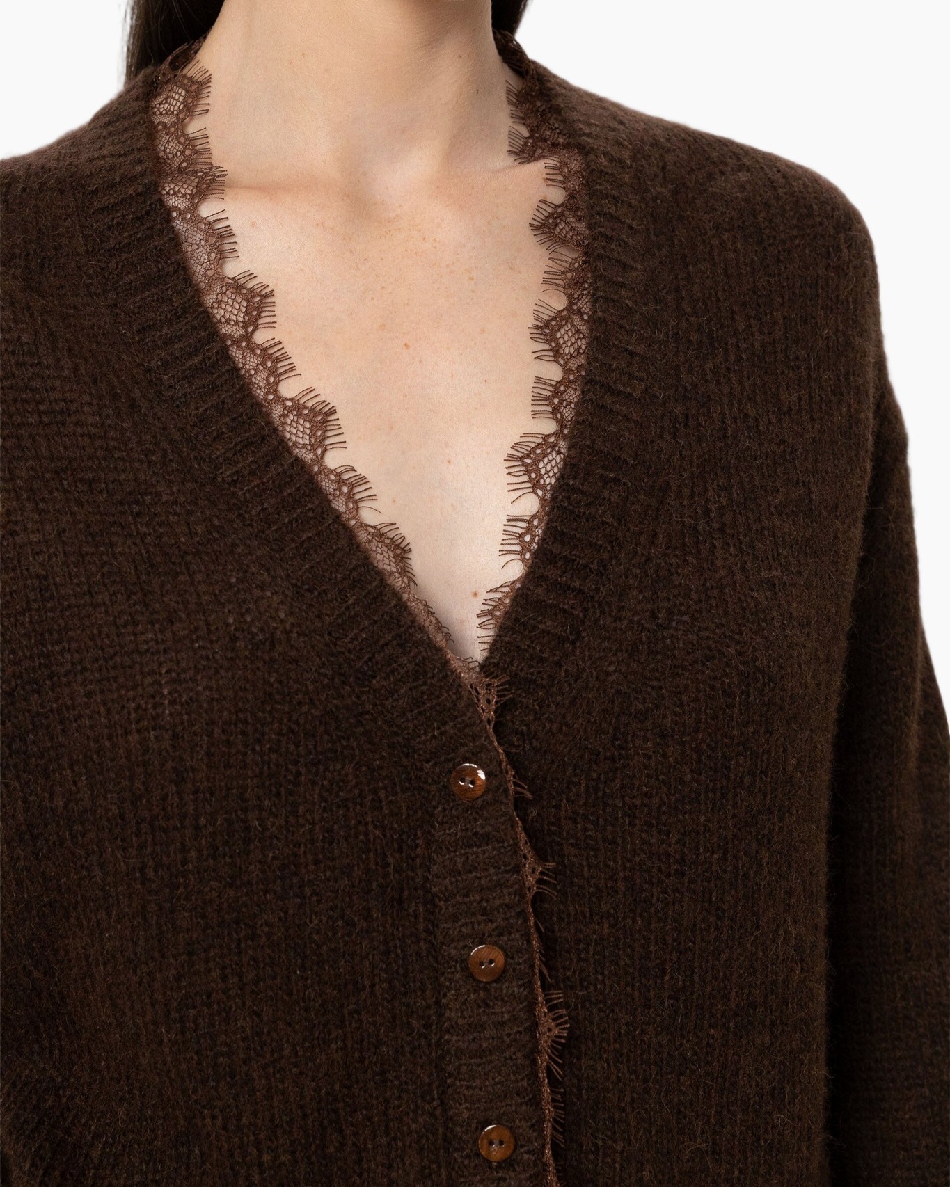 cardigan, brown, lace-trim, buttoned, knit