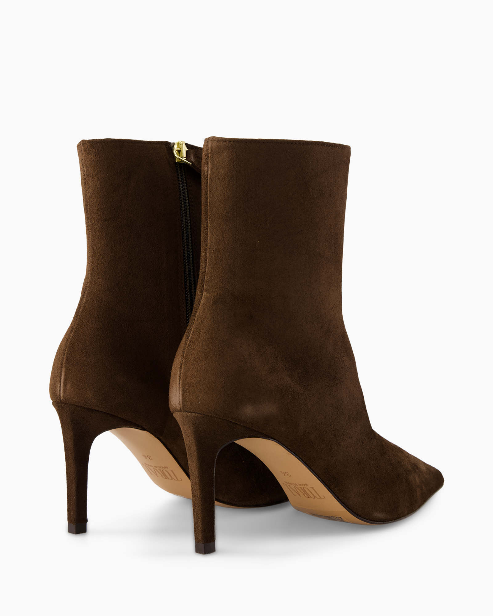 ankle boots, brown suede, stiletto heel, zipper, closed toe