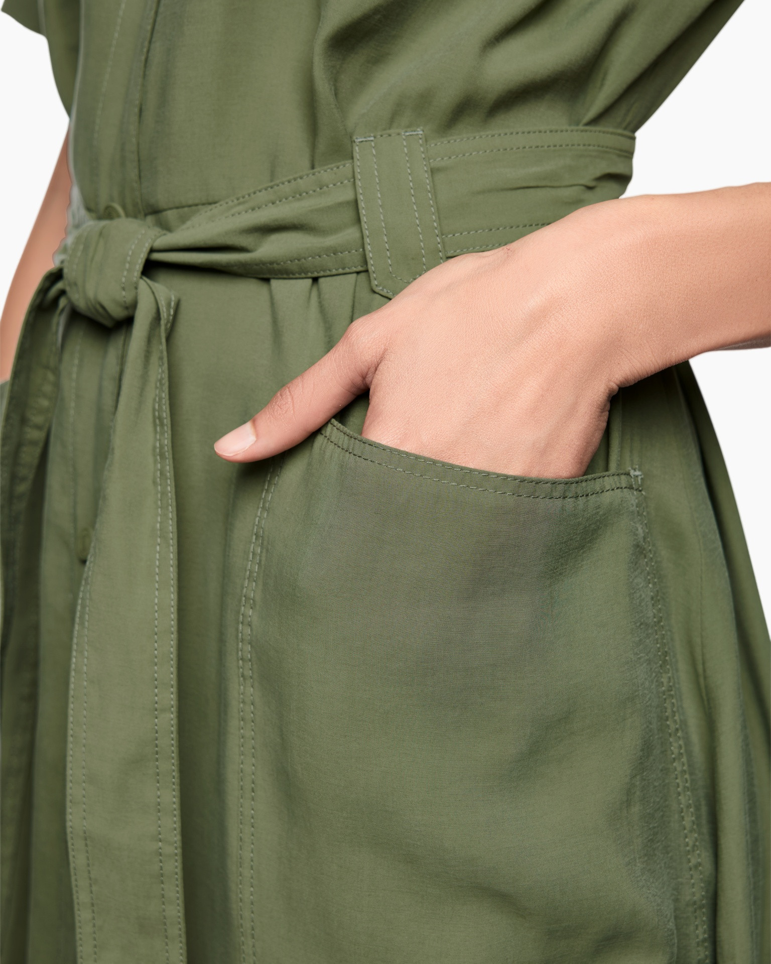 wrap-dress, belted, pocket, olive, linen-like