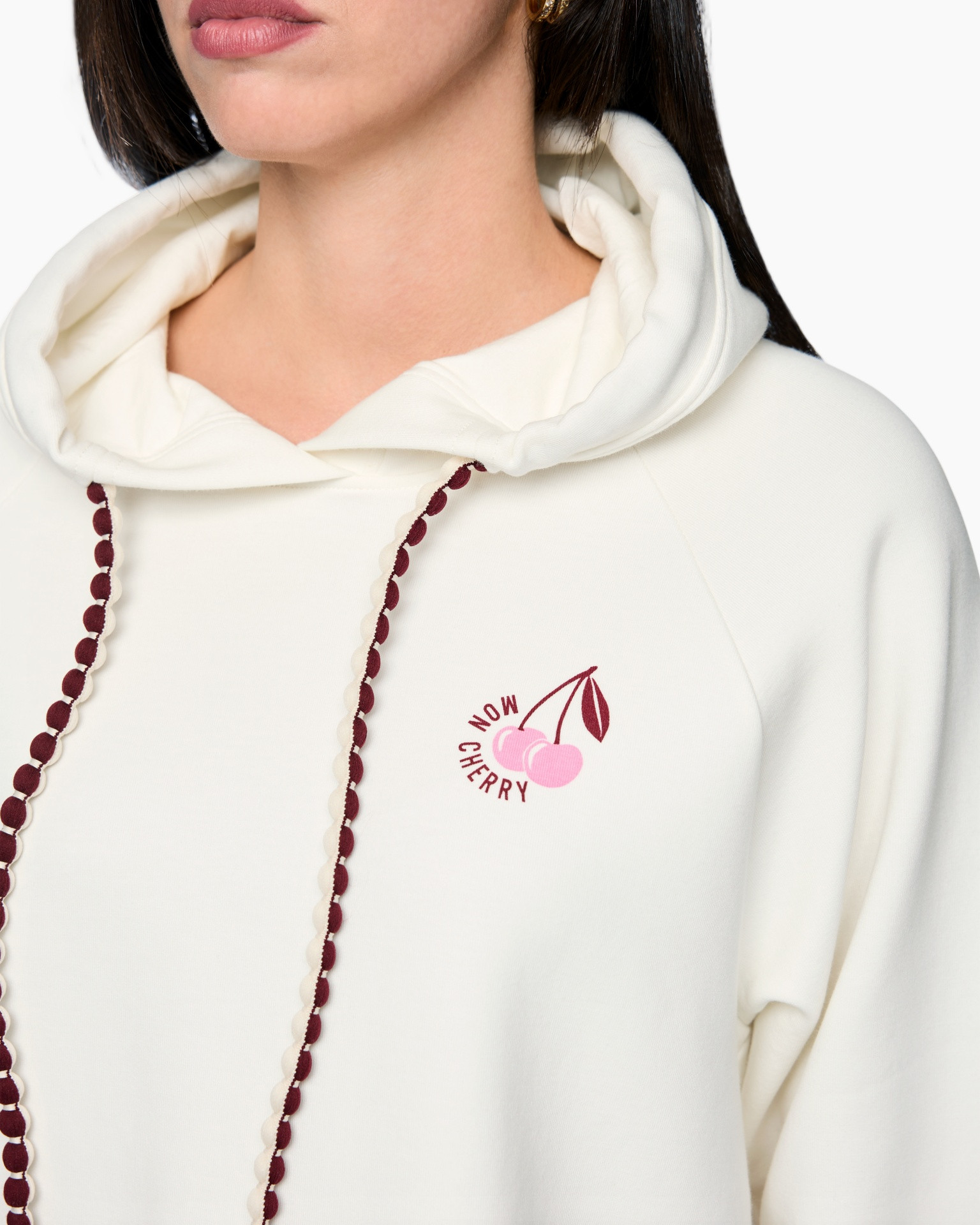 hoodie, hoodie with drawcords, logo, cherry graphic, white sweatshirt