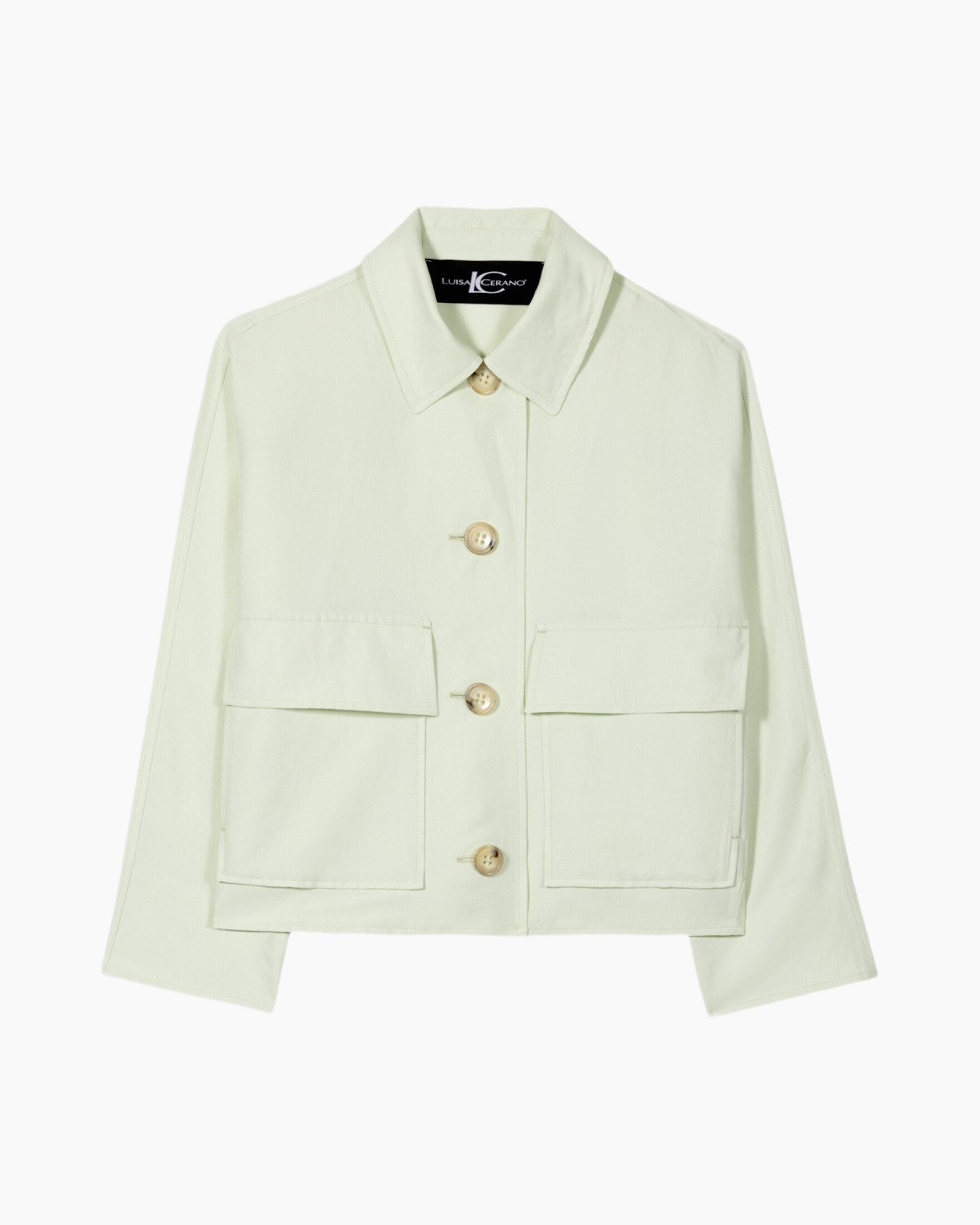 jacket, light green, button front, pockets, collar