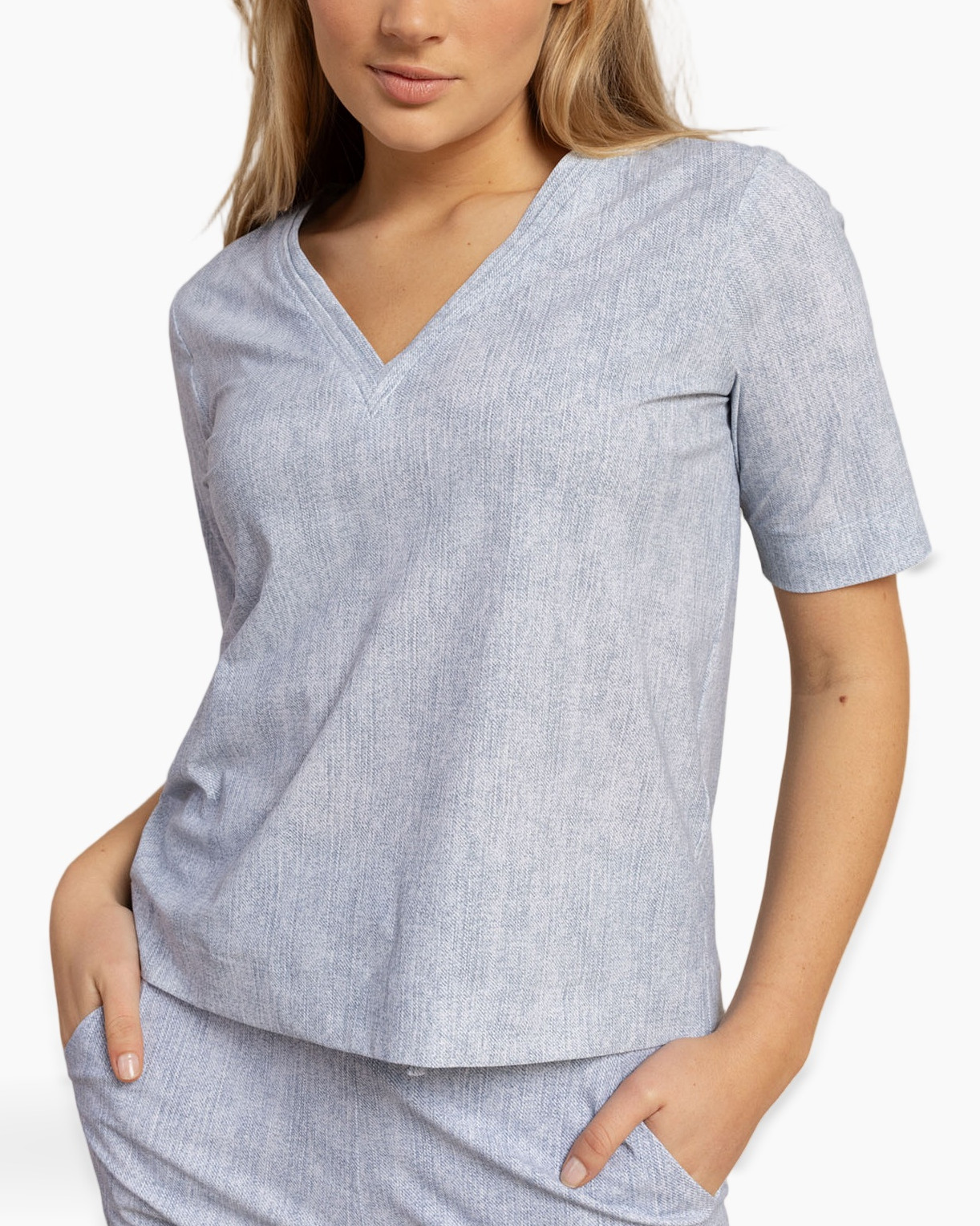 top, short-sleeve, v-neck, linen-look, pajama set
