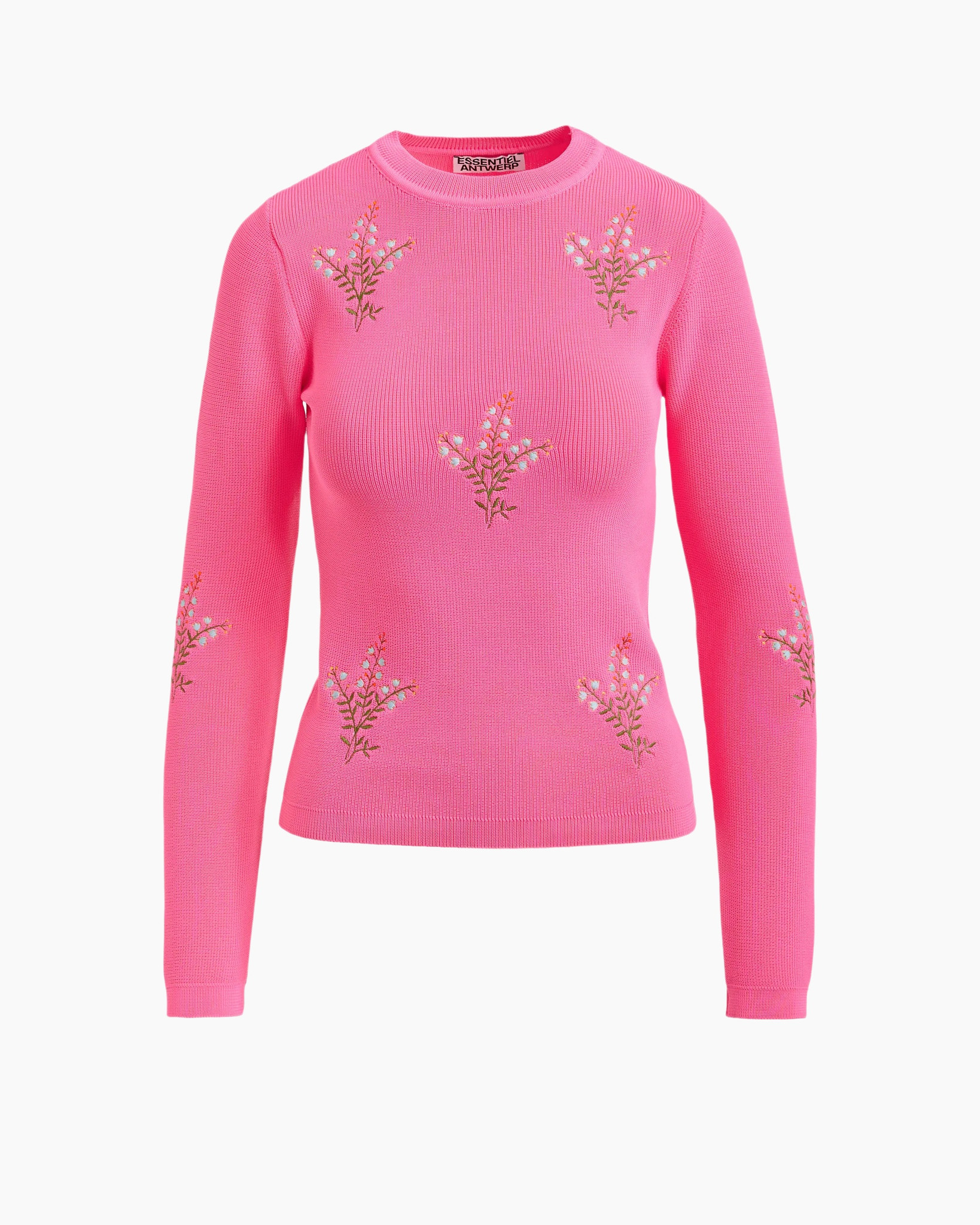 pink sweater, embroidery, floral pattern, knit top, long sleeves