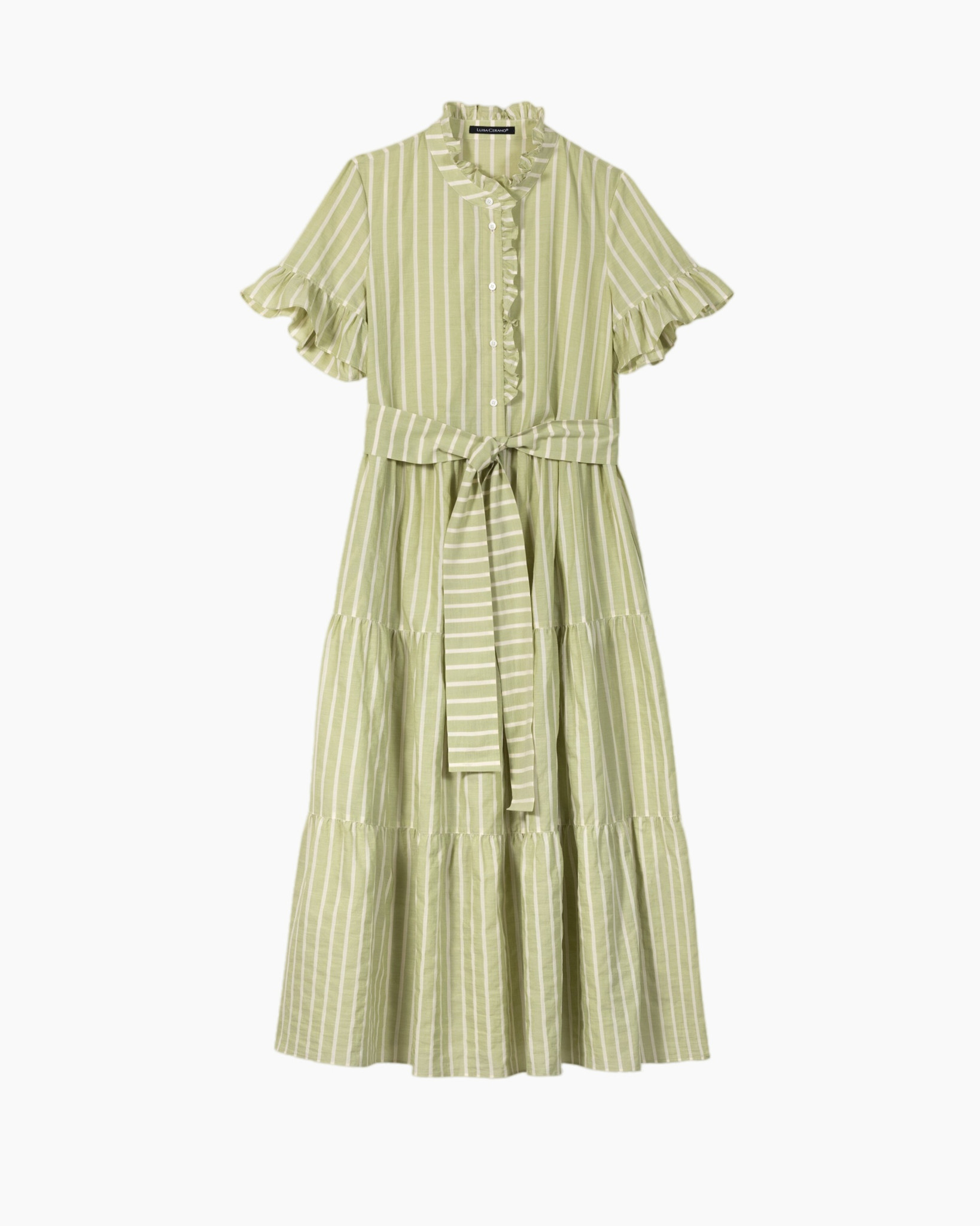 dress, striped, linen, mid-length, belted
