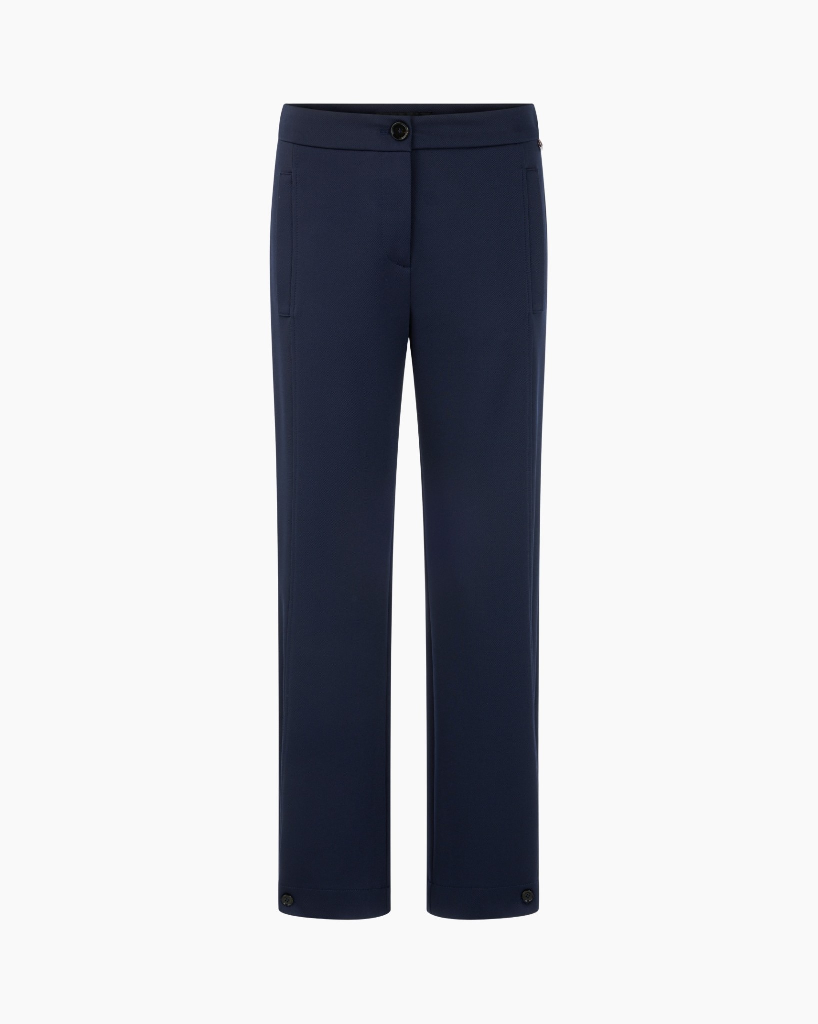 trousers, navy, wide-leg, buttoned, pockets