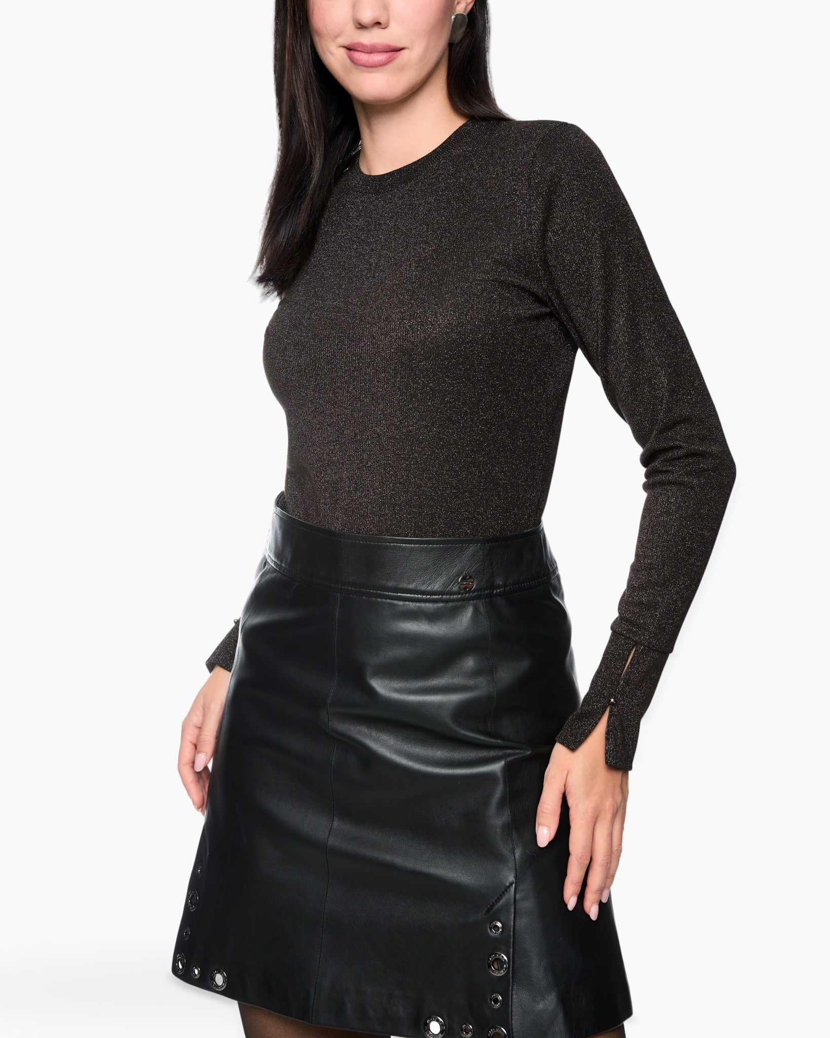 top, long sleeve, glitter, black, leather skirt