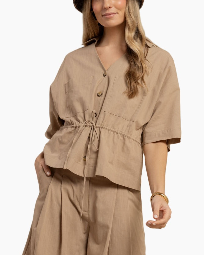beige, short-sleeve, tie-front, button-up, blouse