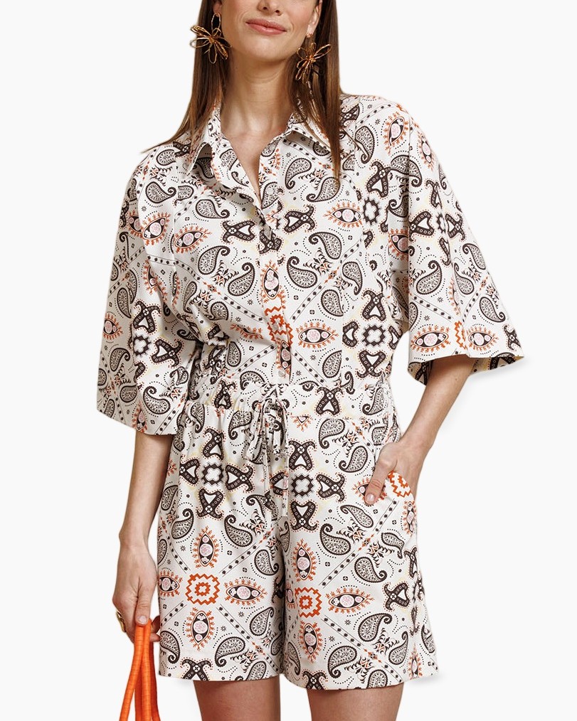 paisley, romper, shorts, button-down, tie-waist