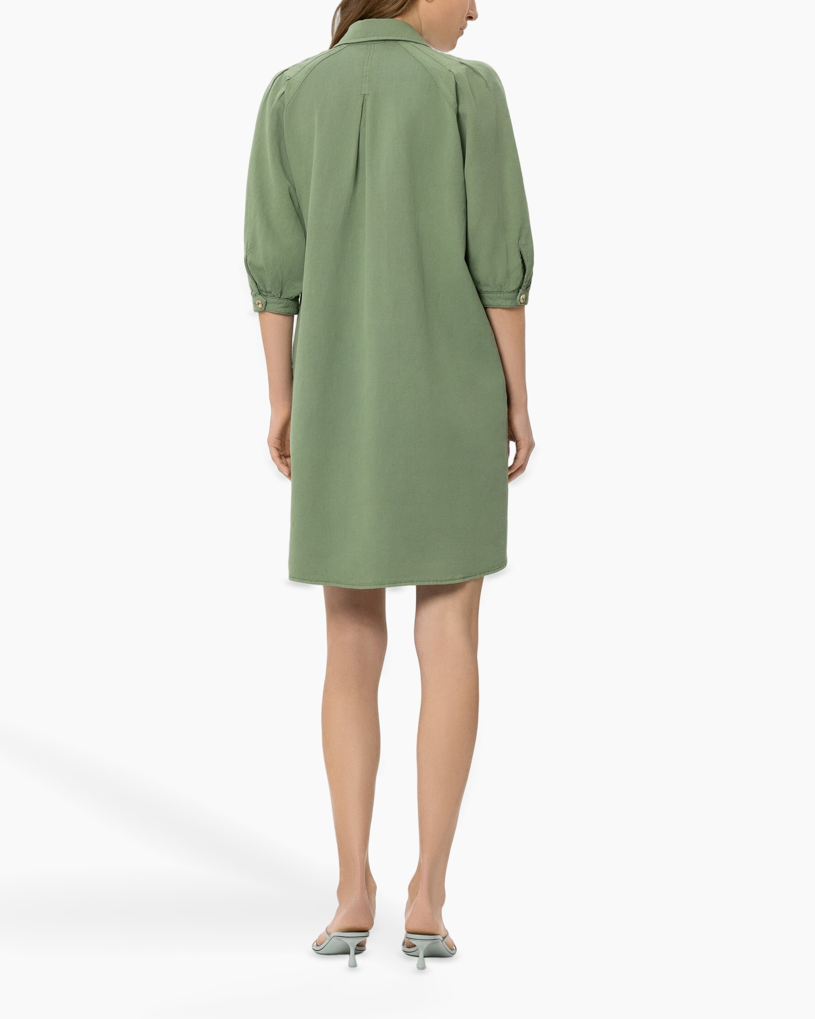 shirt dress, button-down, green, long sleeves, knee-length