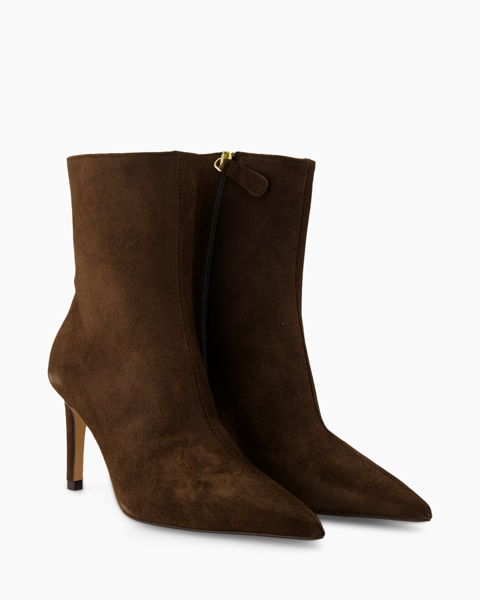 ankle boots, brown suede, mid heel, zip front, pointed toe