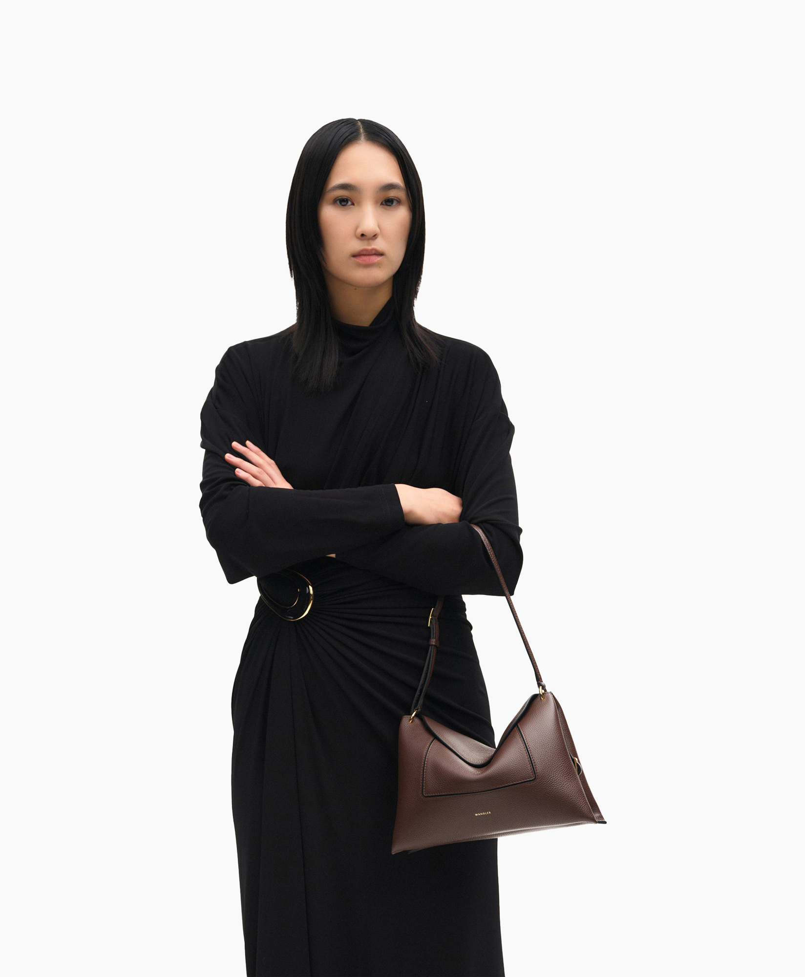 dress, black, wrap, belt, handbag