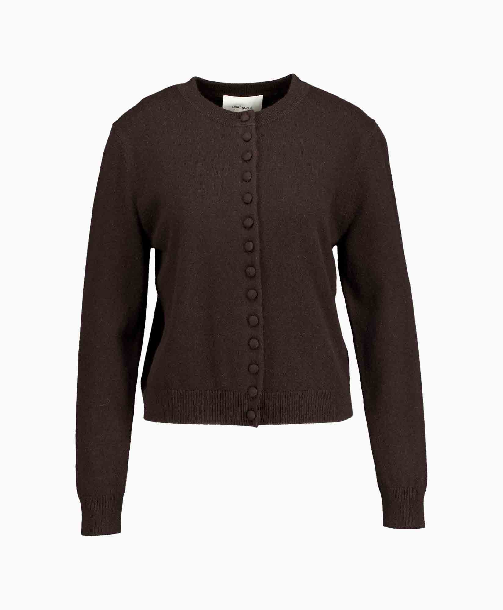 cardigan, knit, brown, buttoned, crew-neck