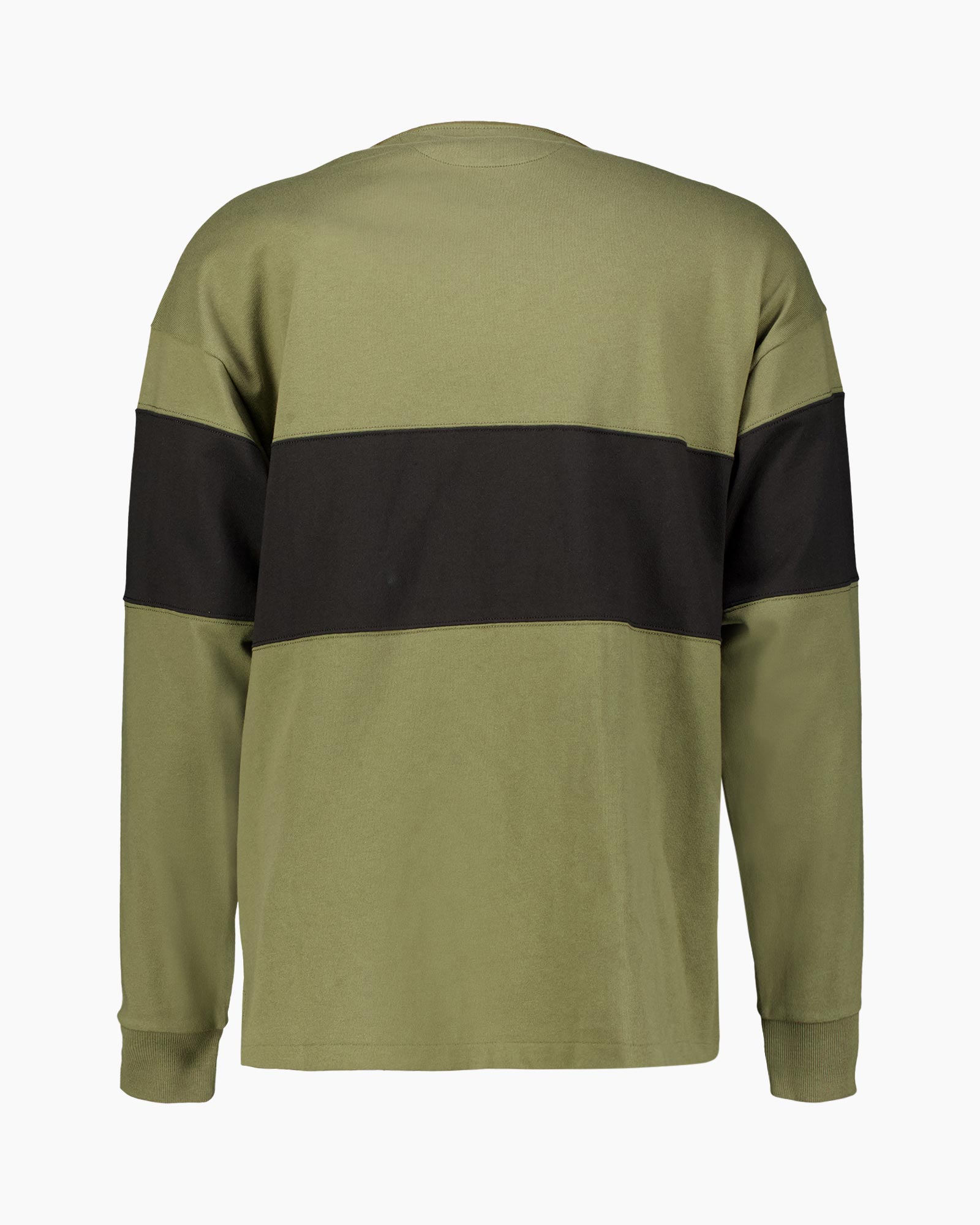 long sleeve, crew neck, color block, olive green, black stripe