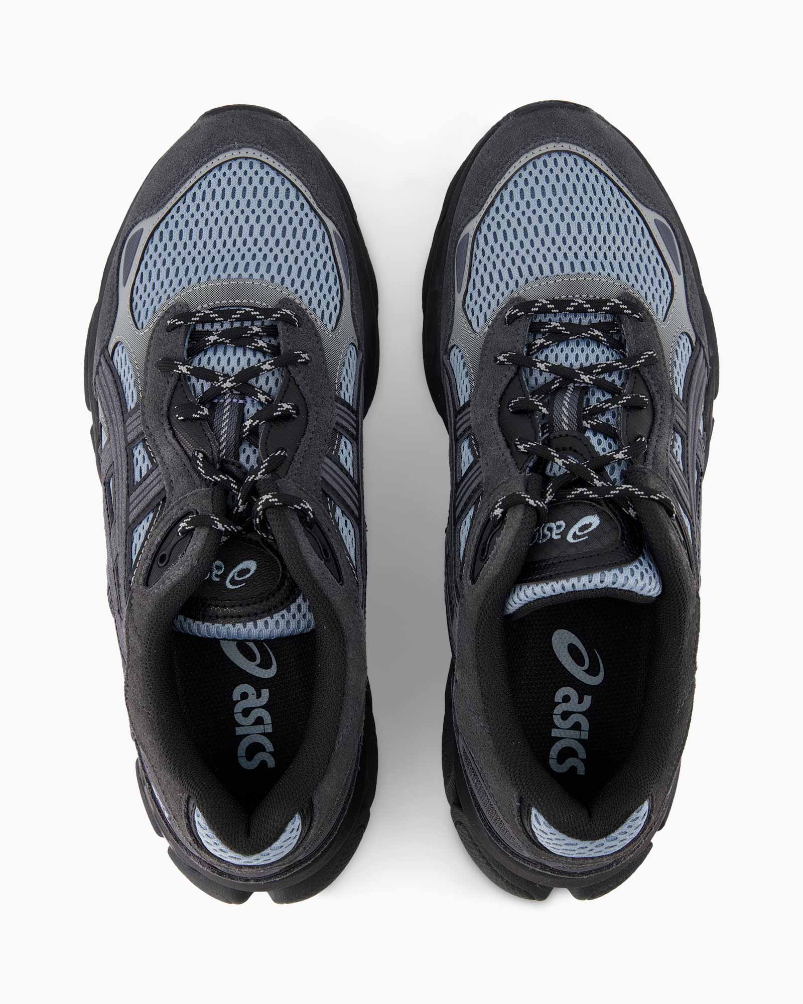 running shoes, athletic shoes, mesh, blue-gray, lacing