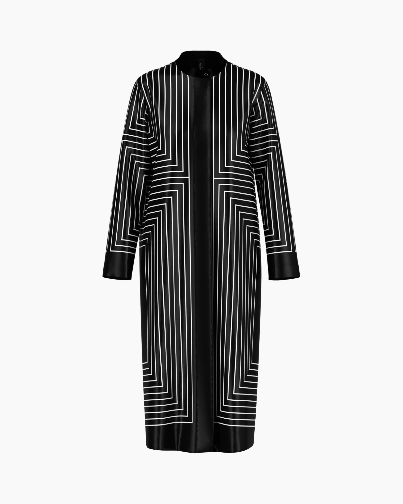 coat, long, black, geometric pattern, open front