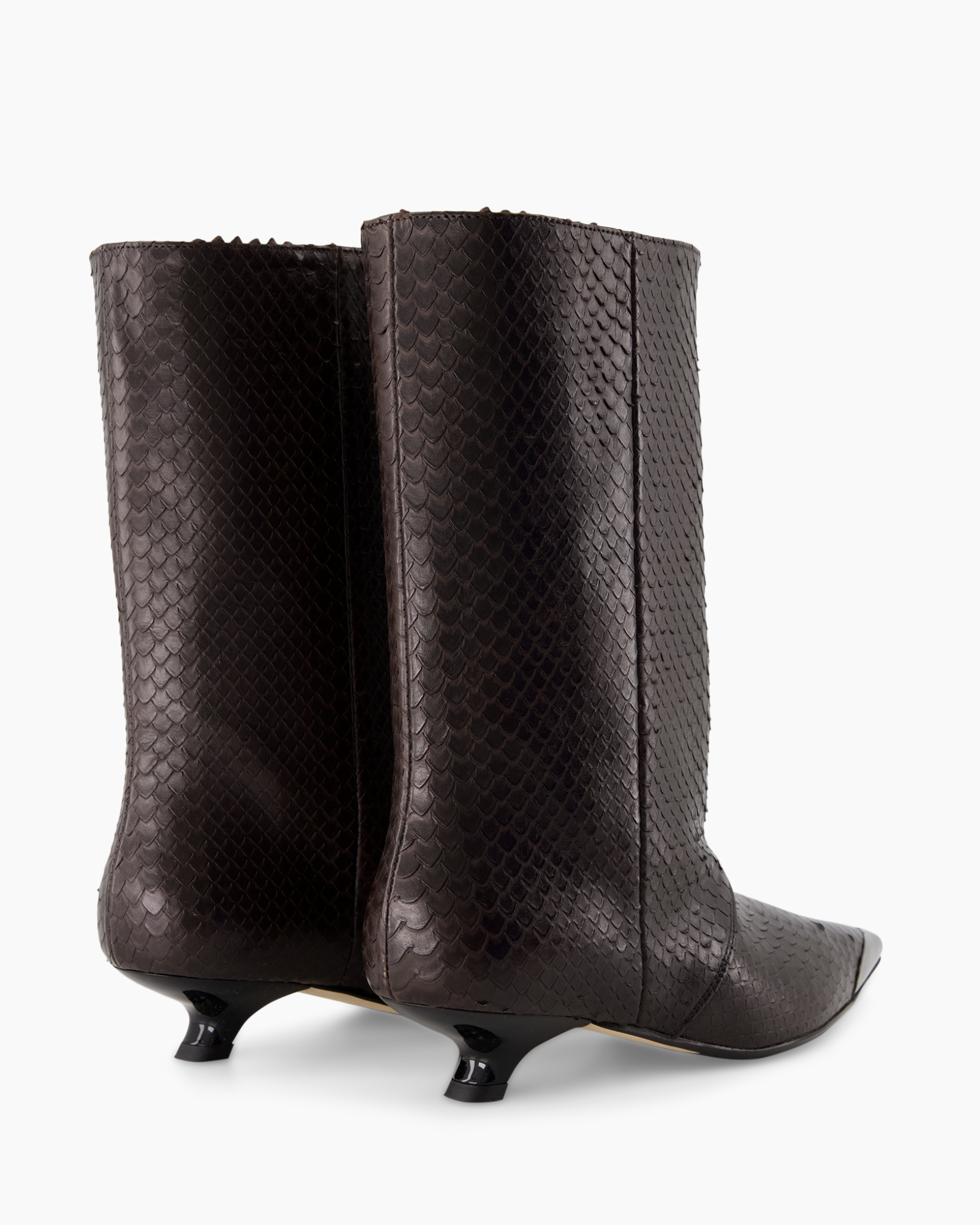 boots, calf-height, midheel, brown, snake-texture