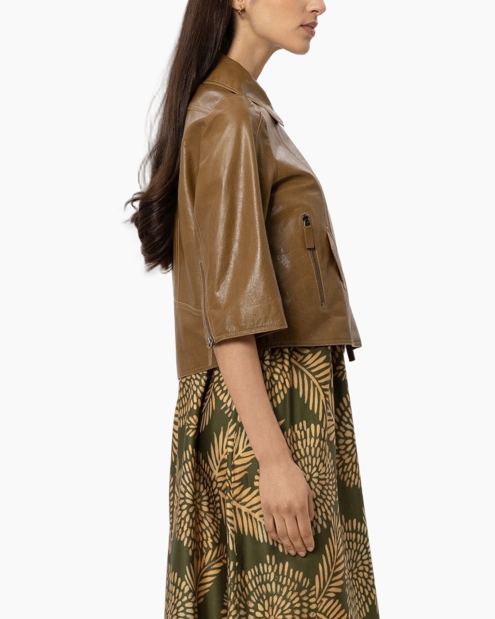 leather jacket, brown, short sleeve, zipper pocket, side view