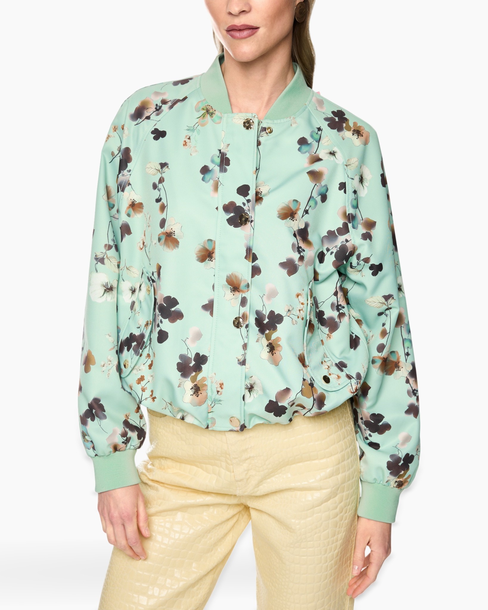 floral jacket, mint jacket, long sleeve, snap buttons, soft fabric