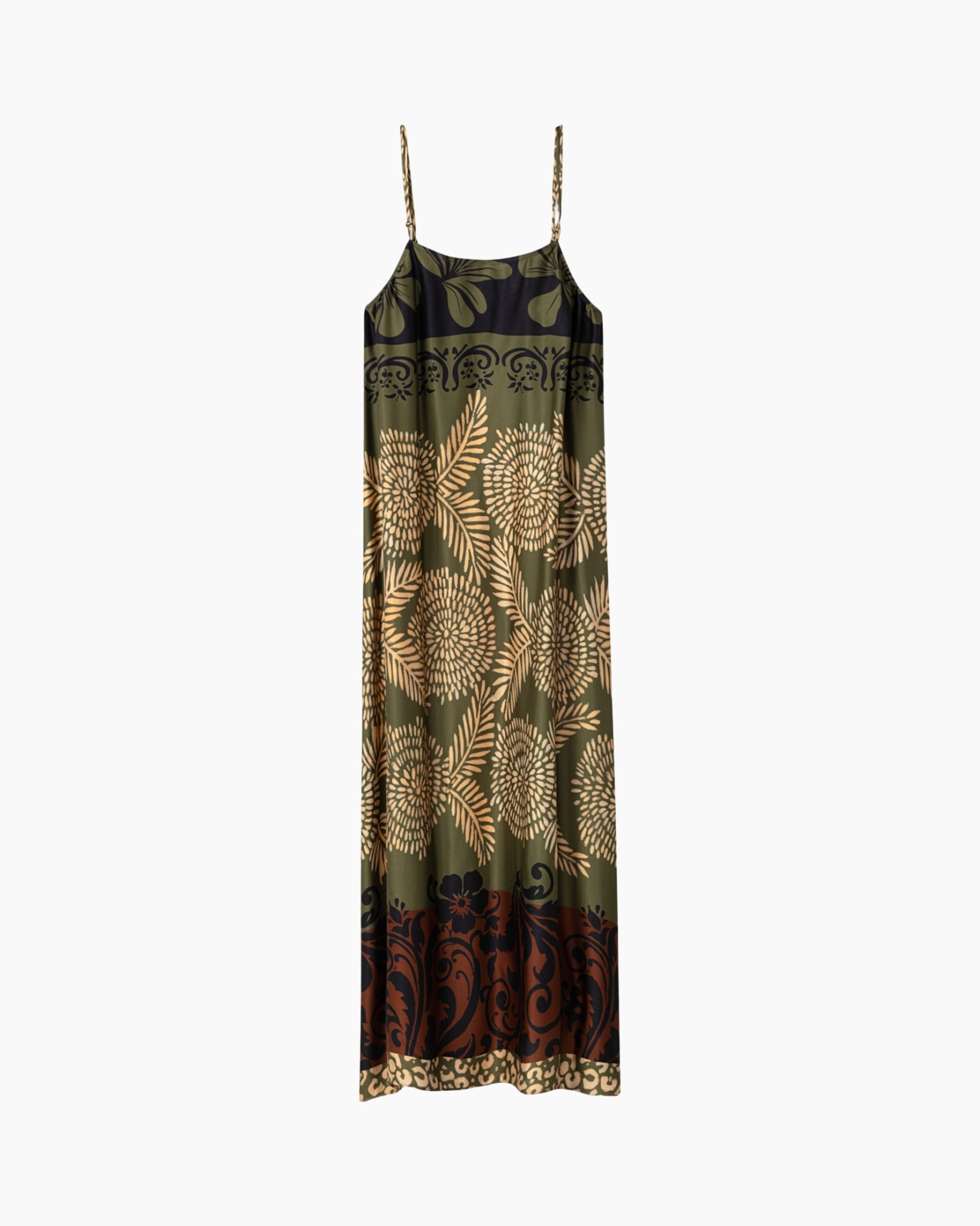 maxi dress, spaghetti straps, floral pattern, olive green, boho print