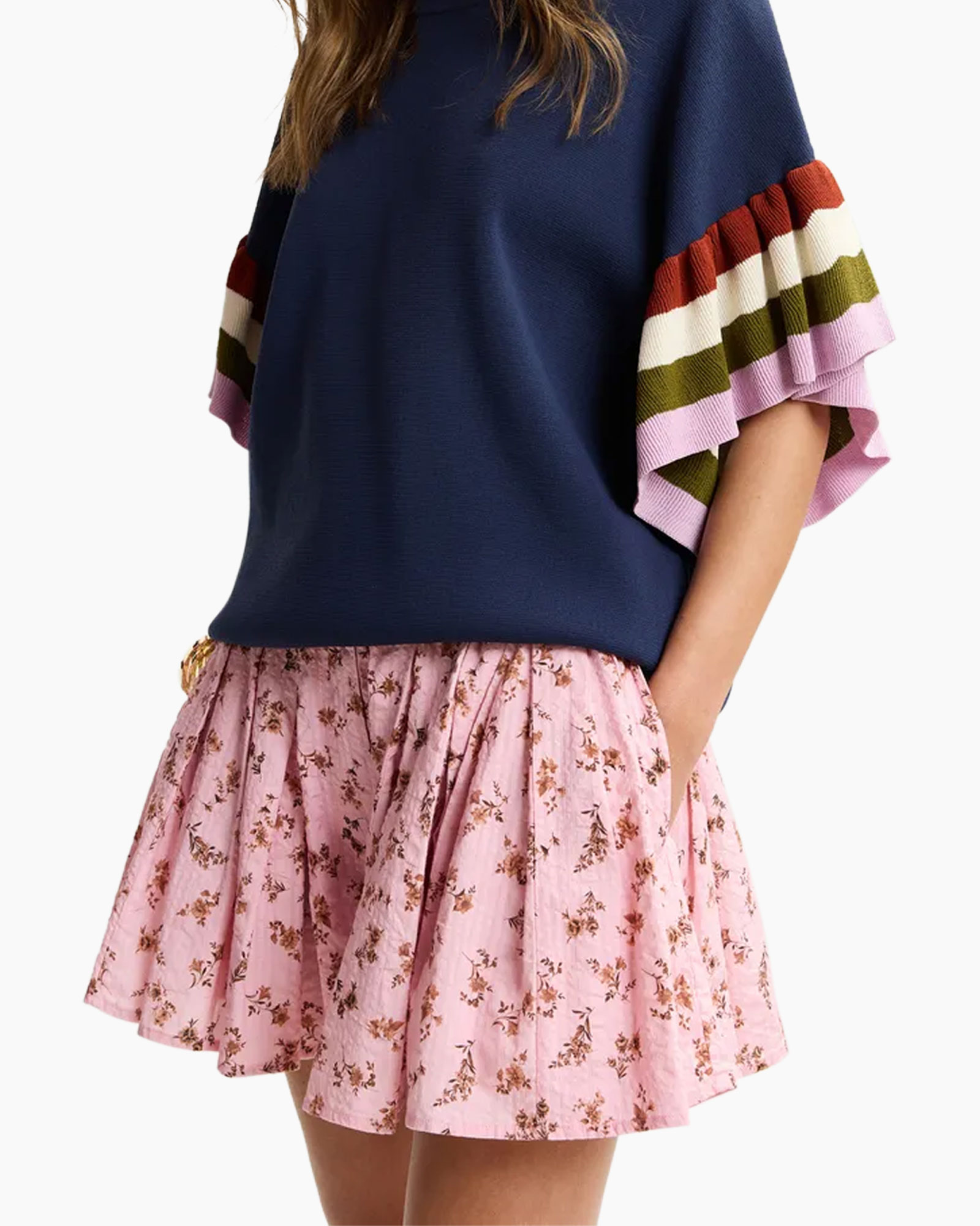 top, sleeve, knit, navy, pink floral skirt