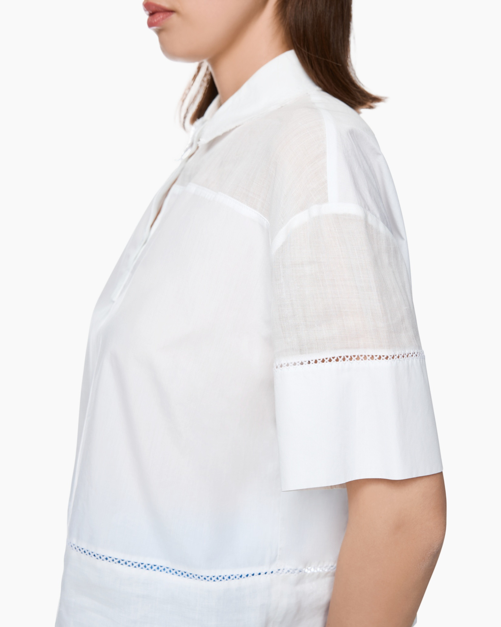 white blouse, linen, short sleeve, eyelet trim, collared